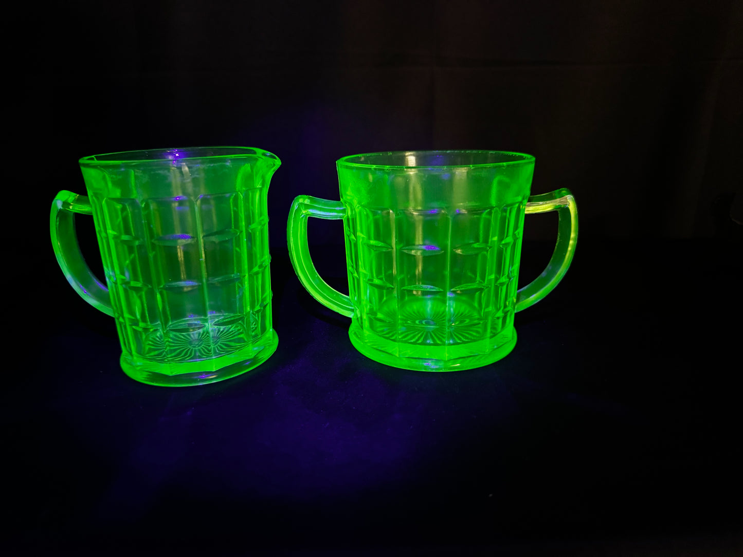 Vintage Hazel Atlas Colonial Block Green Uranium Depression Glass Creamer & Sugar Set