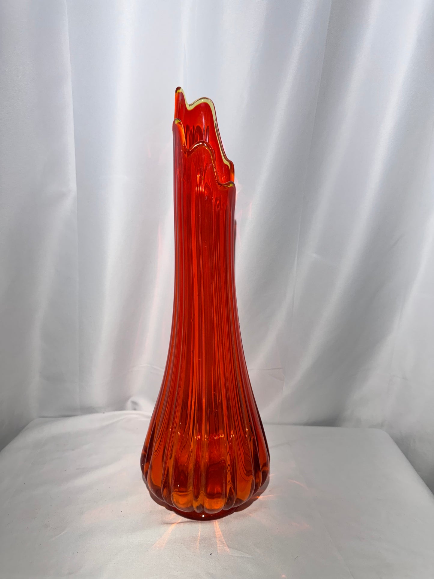 Vintage L.E. Smith Flame Red Swung Glass Vase – 21” Mid-Century Modern Art Glass