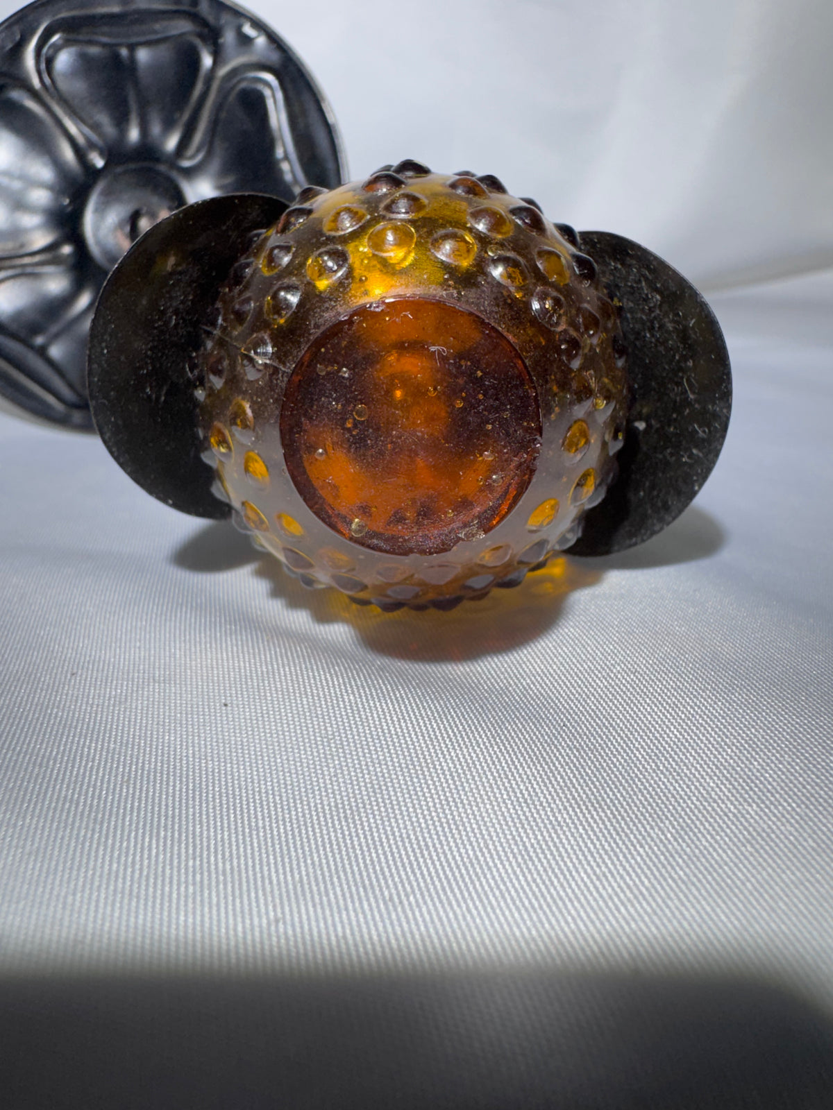 Vintage 1970s Amber Hobnail Glass Owl Salt & Pepper Shakers w/ Metal Tree Stand