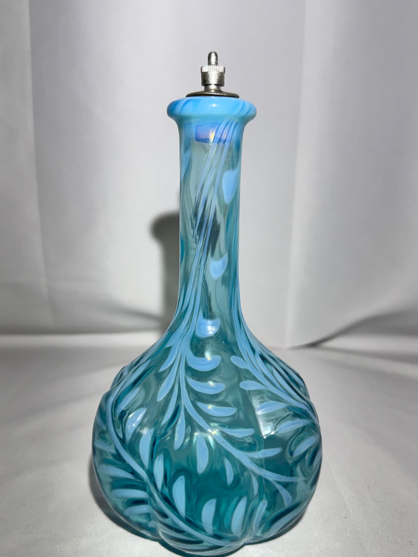 Victorian Blue Opalescent Glass Barber Bottle – Daisy & Fern Pattern w/ Stopper