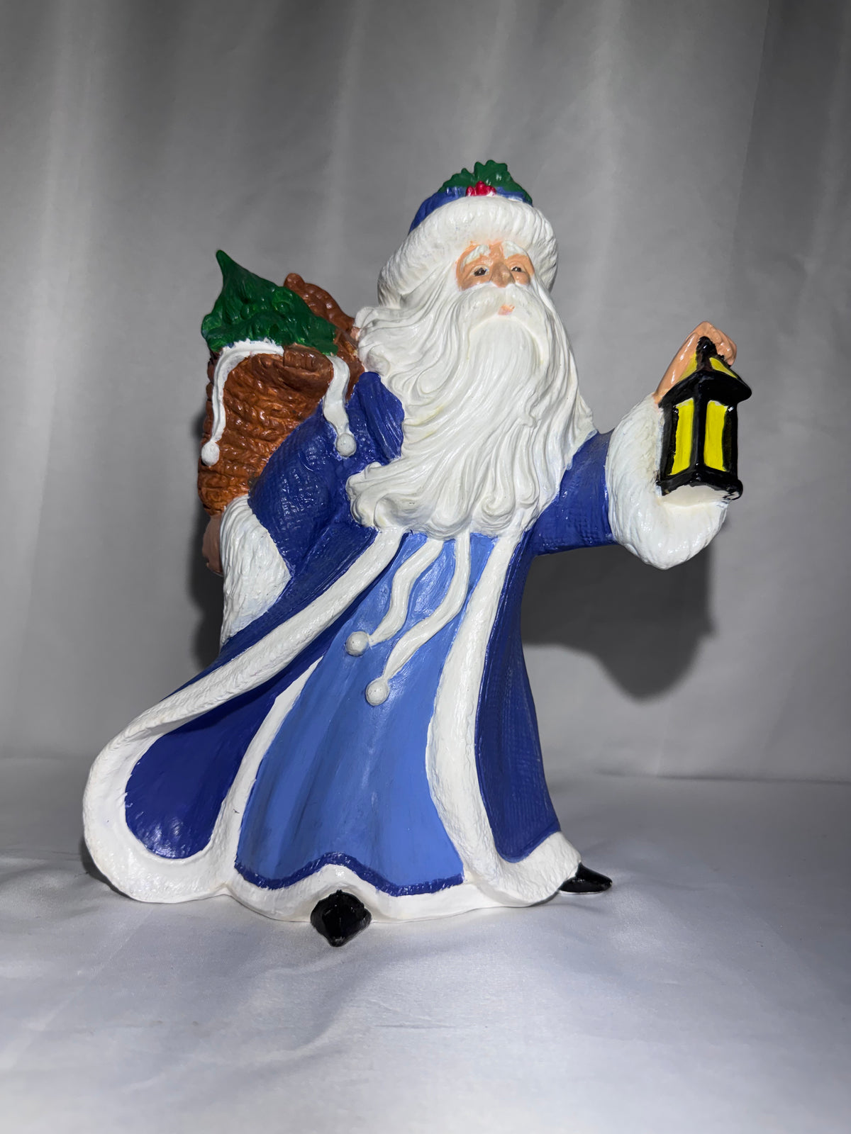 Old World Santa Claus Figurine 10.5” Hand Painted Ceramic Blue White Robe Lantern