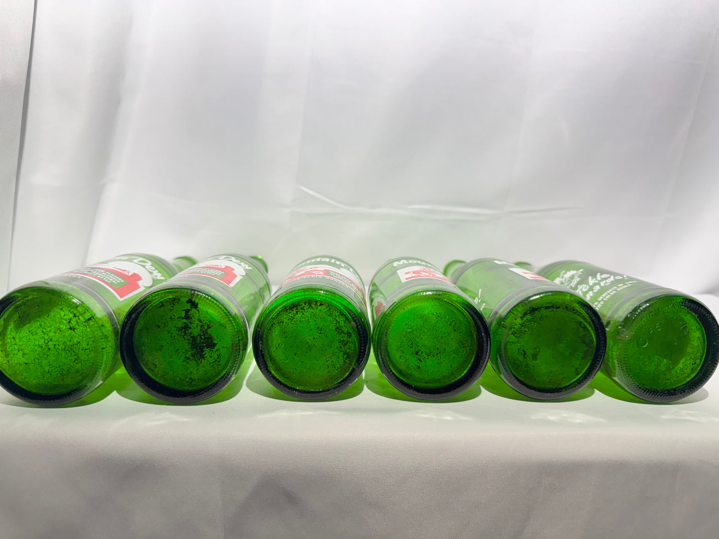 Rare Vintage Mountain Dew Green Glass Bottles – 10 fl oz – Hillbilly Slogan Graphics 6pack