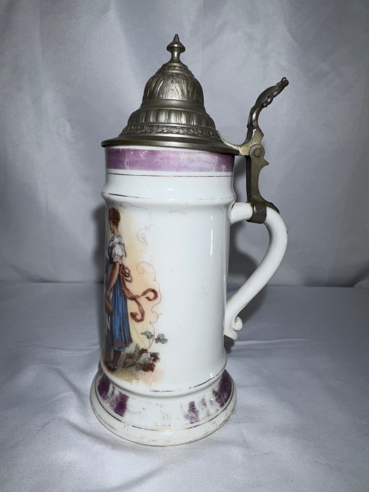 Antique 1800’s German Beer Stein Pewter Hinged Lid Tavern Scene Lithophane Base