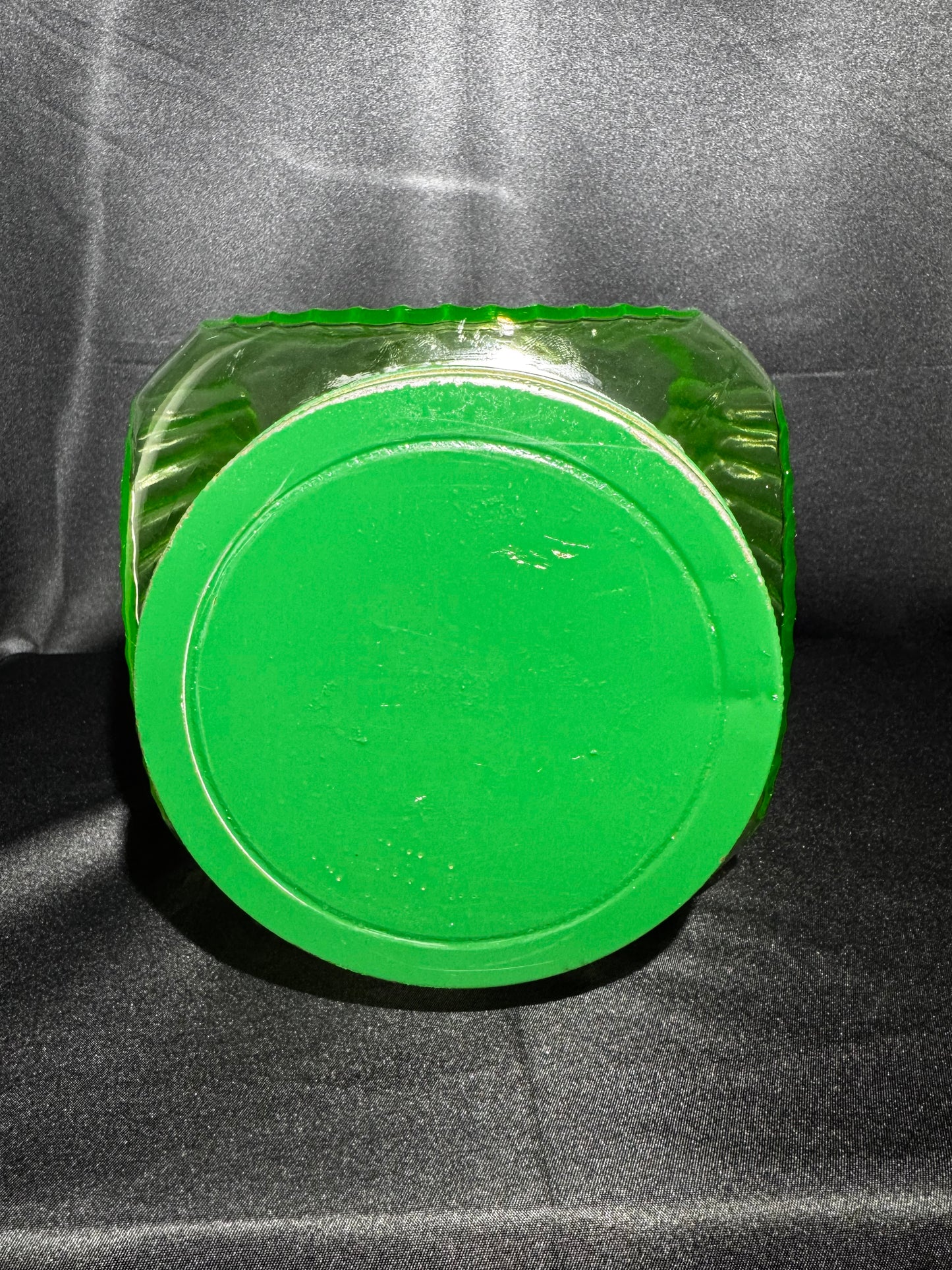 Vintage 1930s Uranium Glass Hoosier Cookie Canister w/ Green Lid & Original Sticker UV Glow