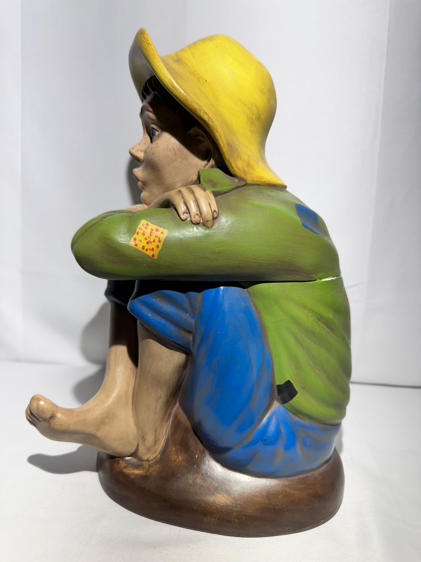 Vintage Arnel’s Chalkware Sitting Boy Whistling Cookie Jar – 1950s -Huckleberry Finn