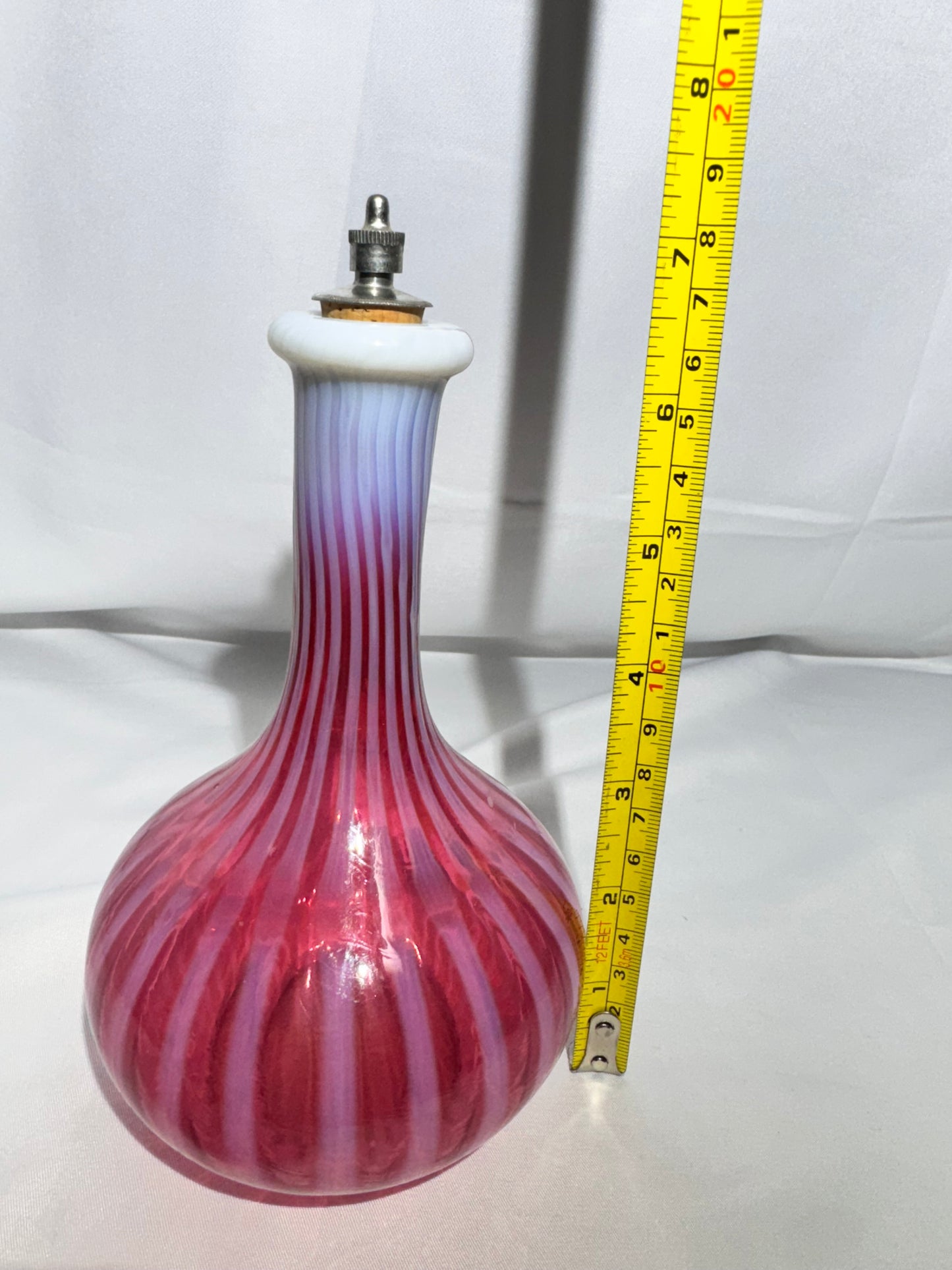 Antique Cranberry Opalescent Striped Barber Bottle w/ Stopper