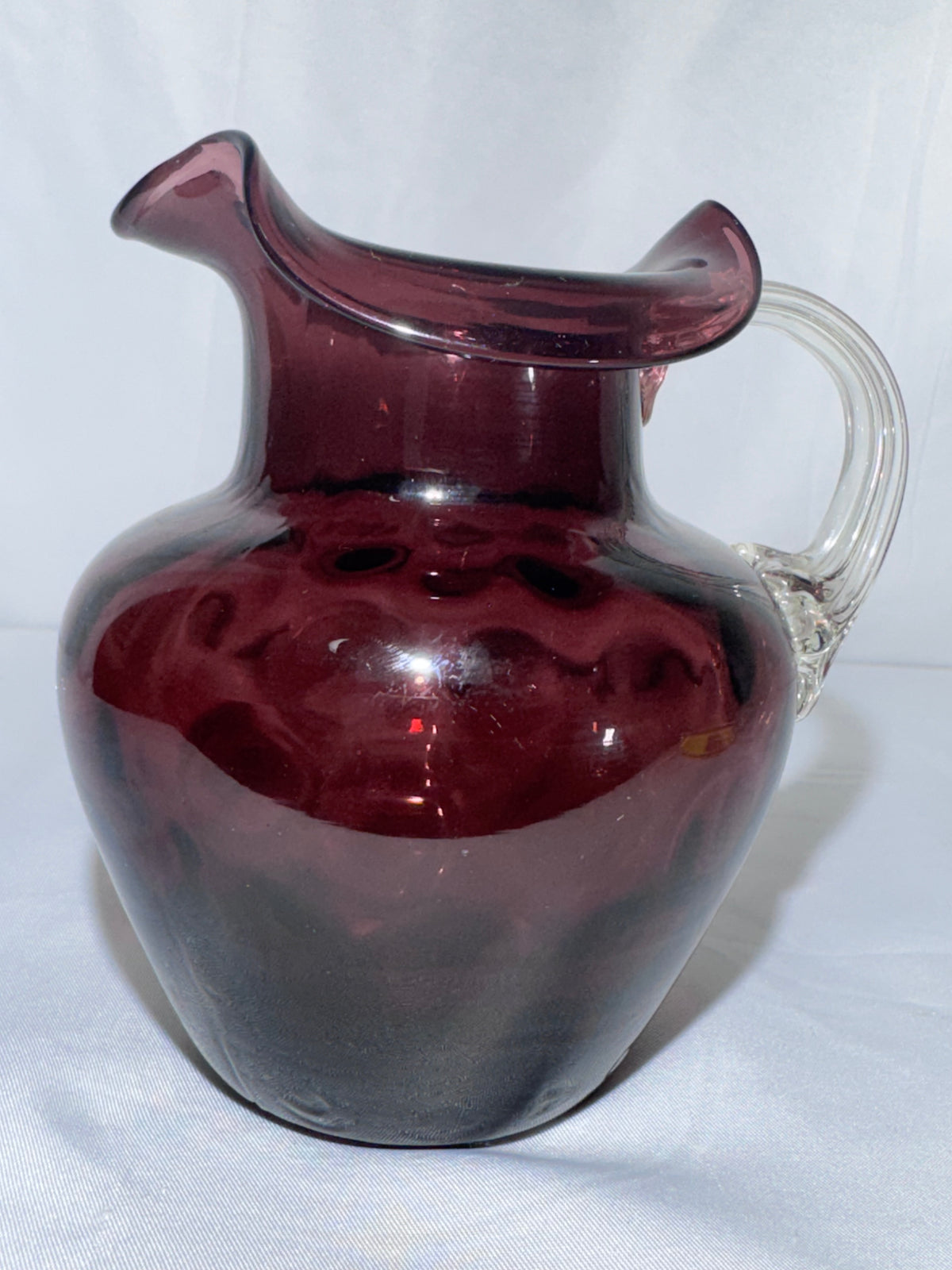 Vintage Hand-Blown Purple Amethyst Glass Coin Dot Small Pitcher / Creamer Ruffled Rim 1940’s-1950’s