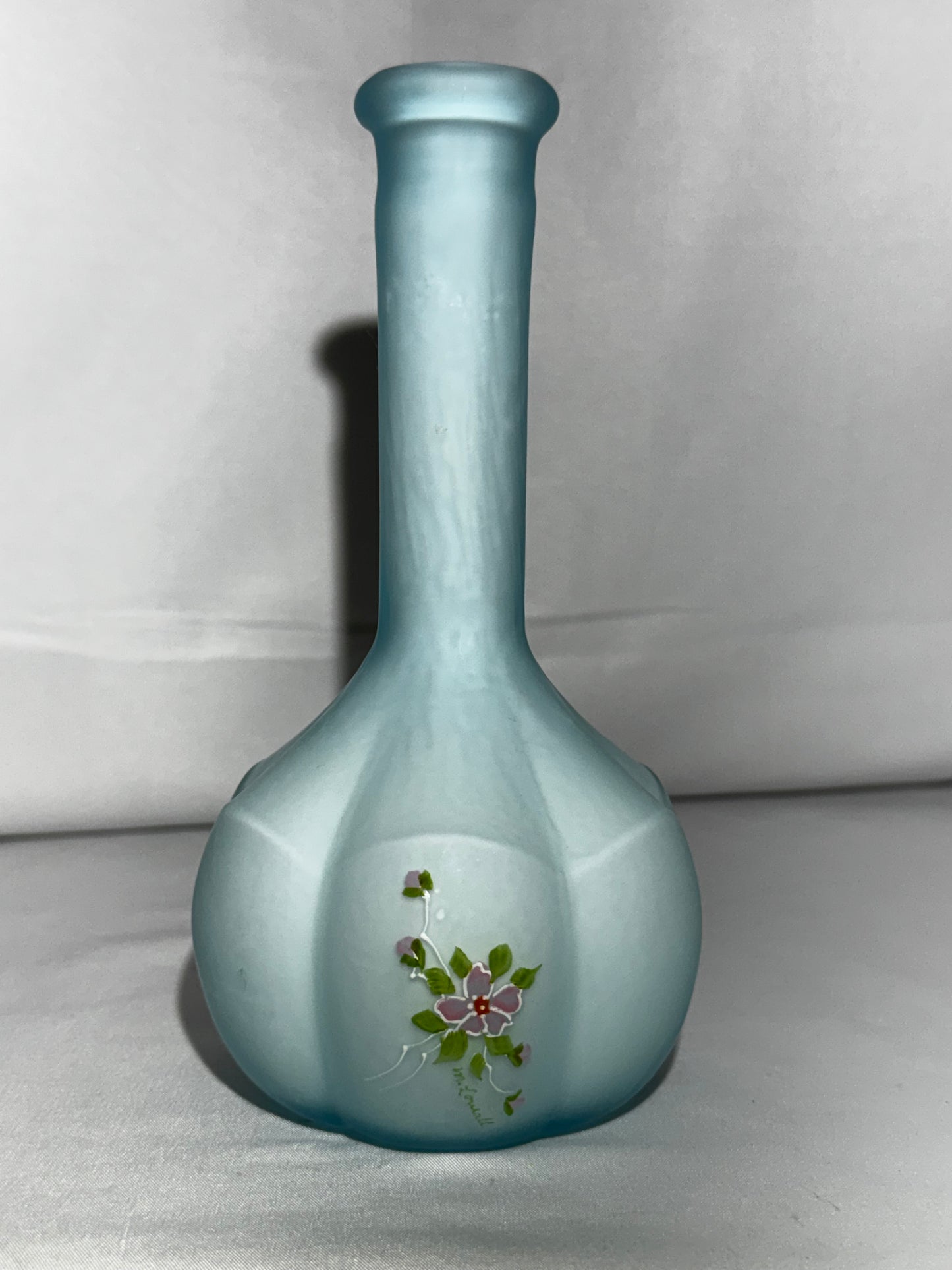 Vintage Fenton Baby Blue Satin Glass Barber Bottle – Hand-Painted Floral – 7.5”