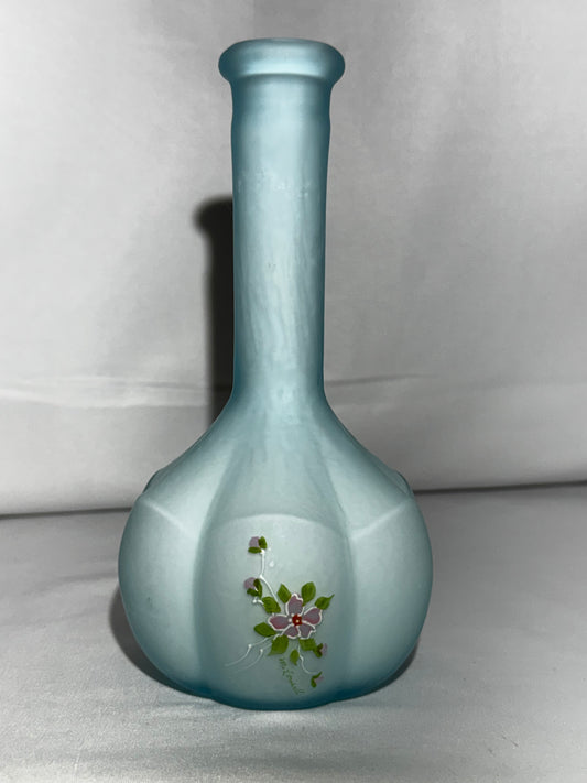 Vintage Fenton Baby Blue Satin Glass Barber Bottle – Hand-Painted Floral – 7.5”
