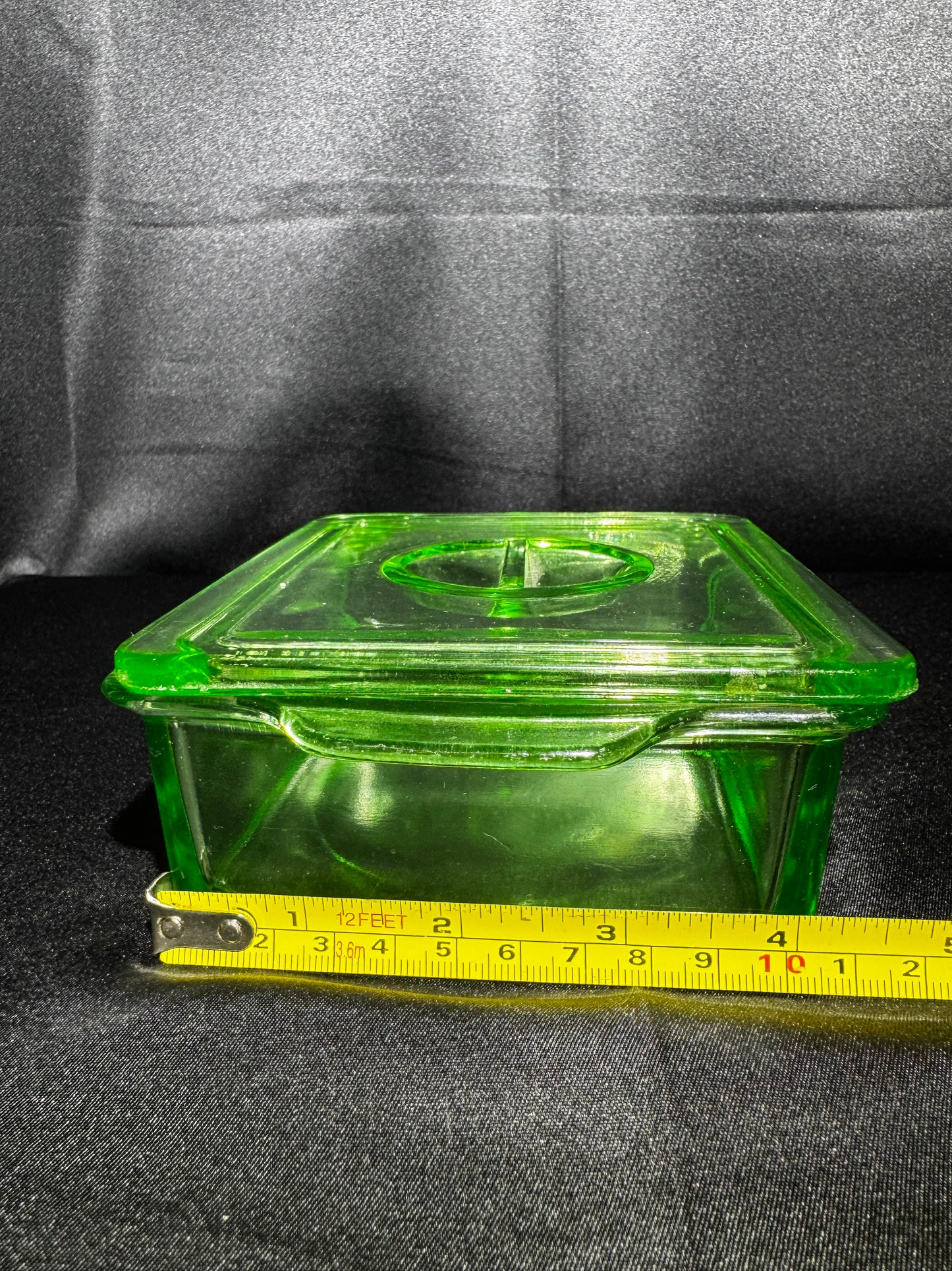 Vintage Hazel Atlas Uranium Glass Refrigerator Dish w/ Lid Green Depression Glass 6”
