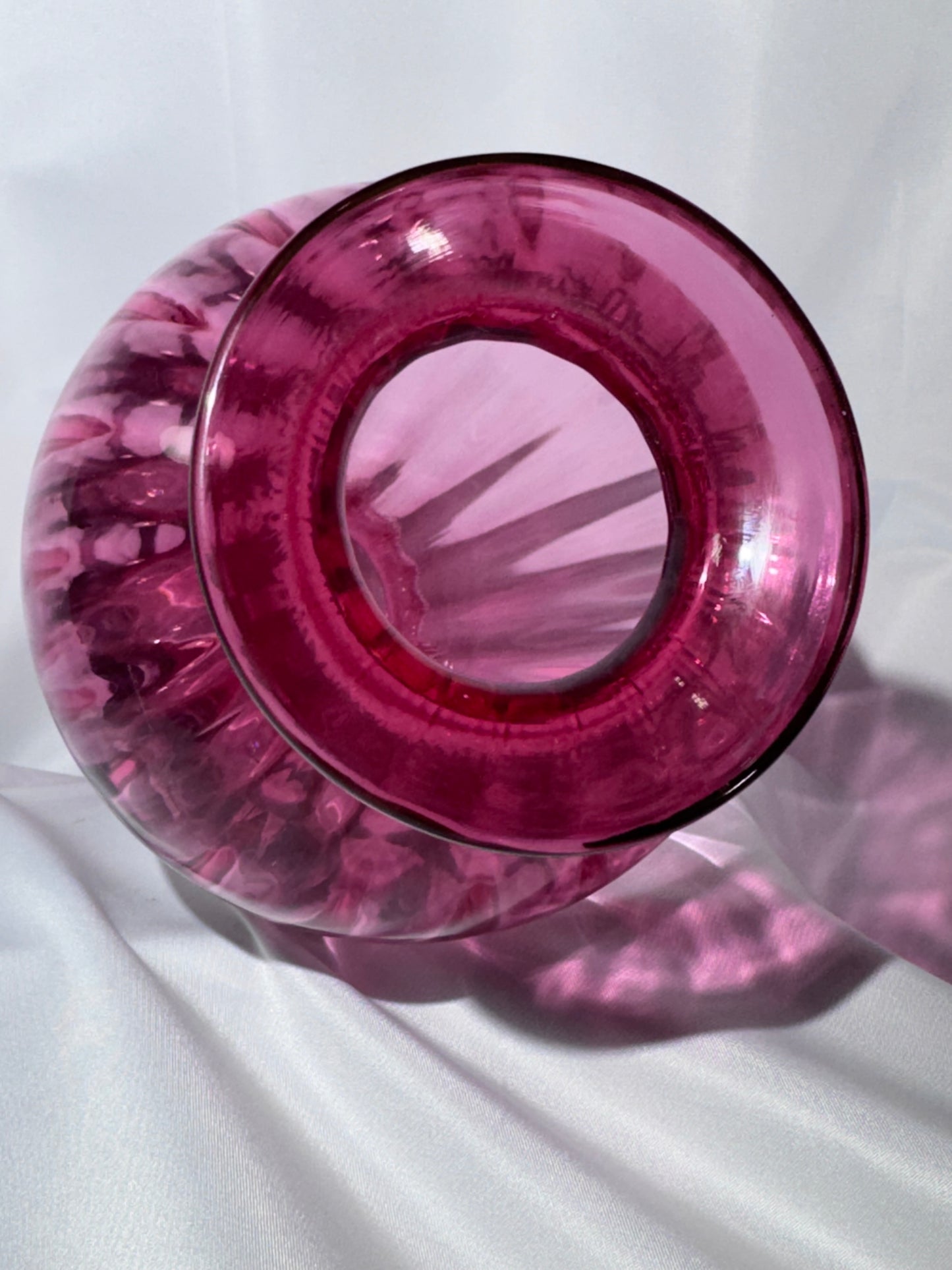 Fenton Pansies on Cranberry Optic Rib Vase 1994 – Hand-Painted – 9”