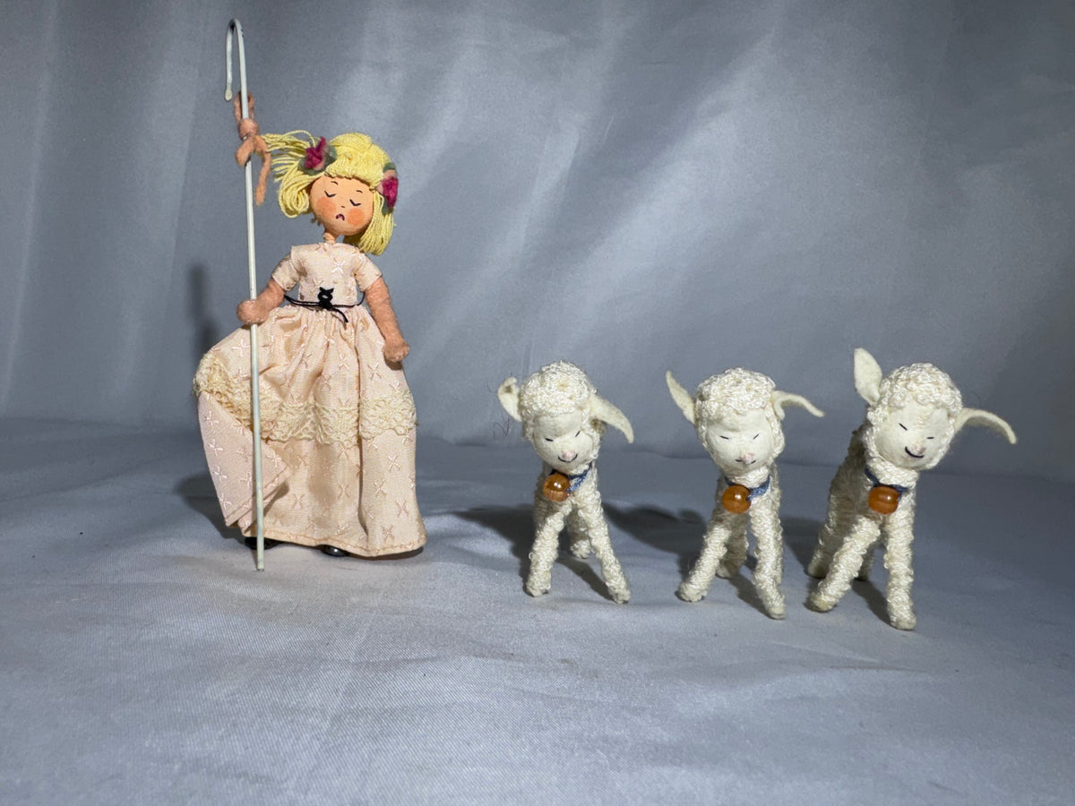 Vintage BAPS Germany Little Bo-Peep & Sheep Miniature Felt Doll Set – 1940s–1960s