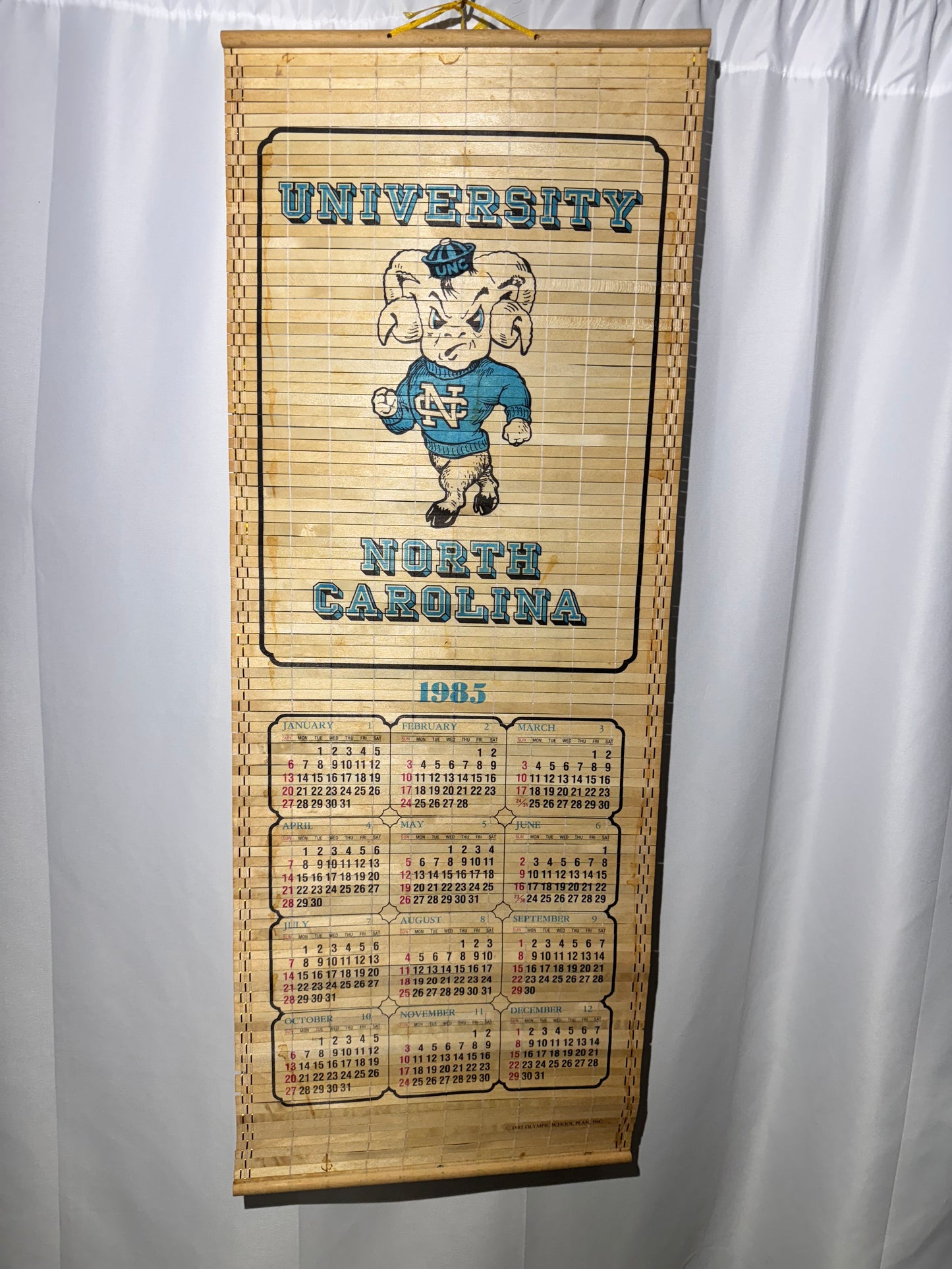 Vintage 1985 UNC University of North Carolina Tar Heels Bamboo Wall Calendar – Reversible