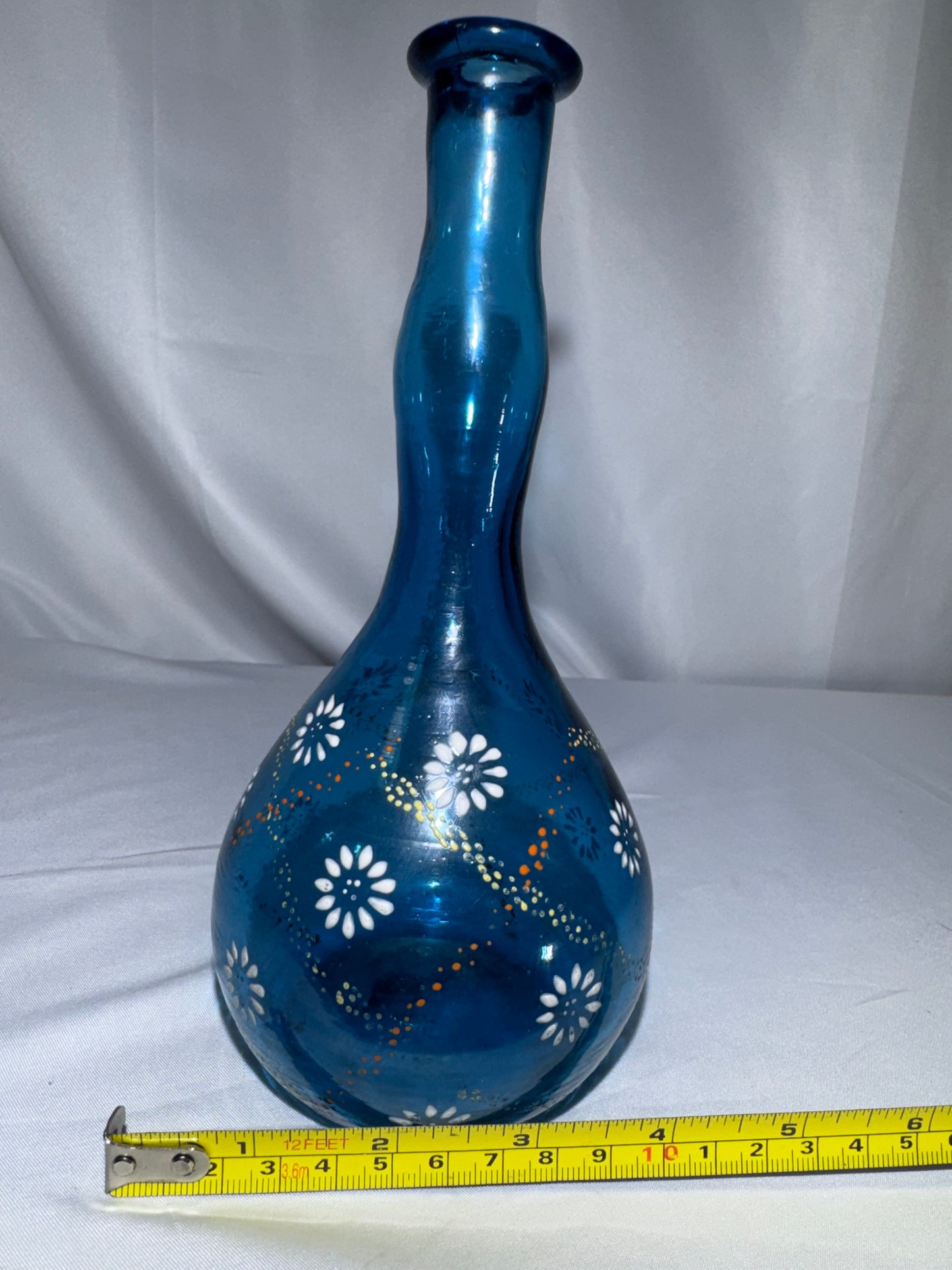 Antique Victorian Blue Glass Barber Bottle – Hand-Painted Daisy & Enamel Floral Design