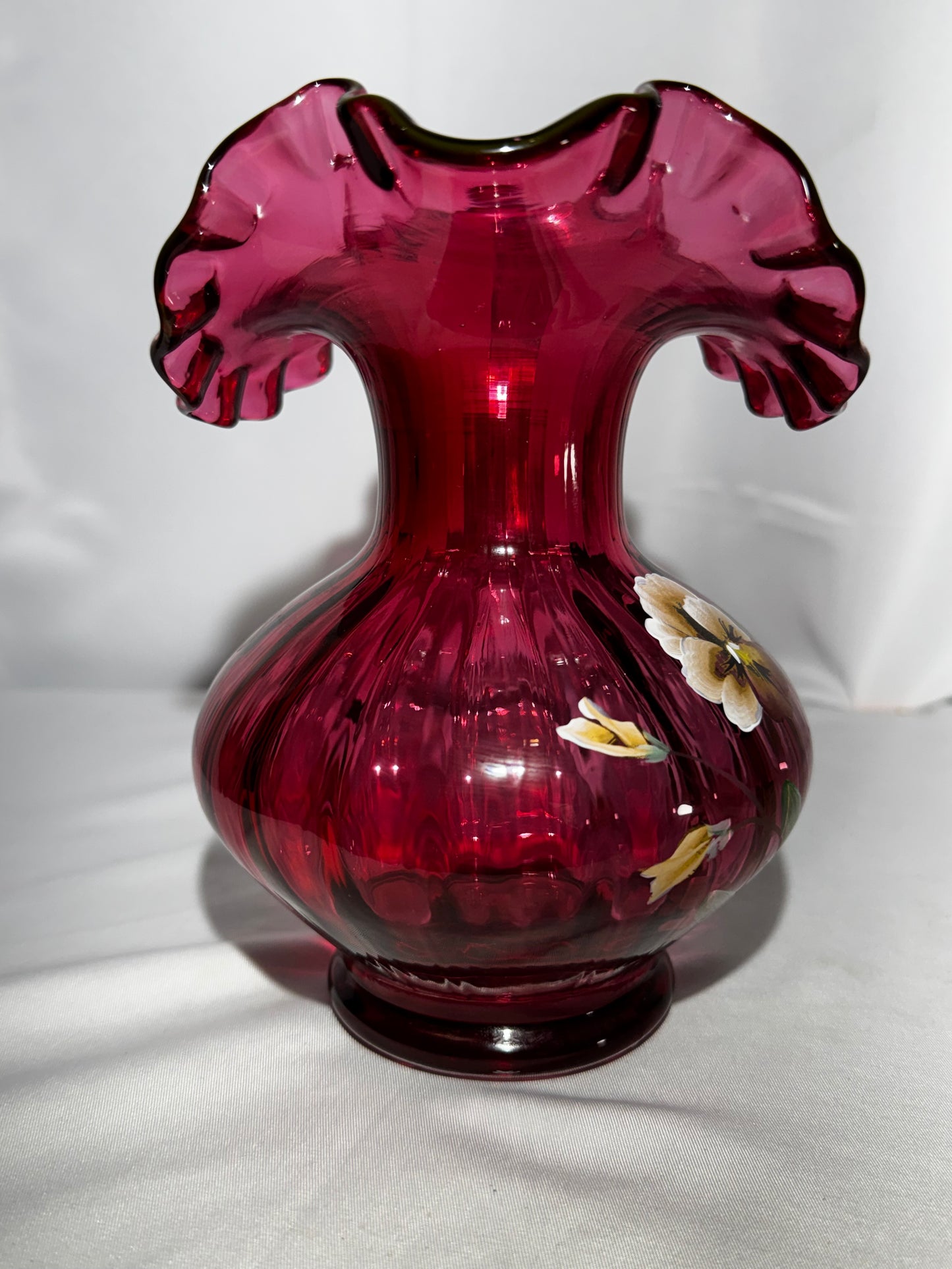 Fenton Art Glass Cranberry Pansy Pitcher 1994 Signed George & Frank M Fenton #279 Hand Painted
