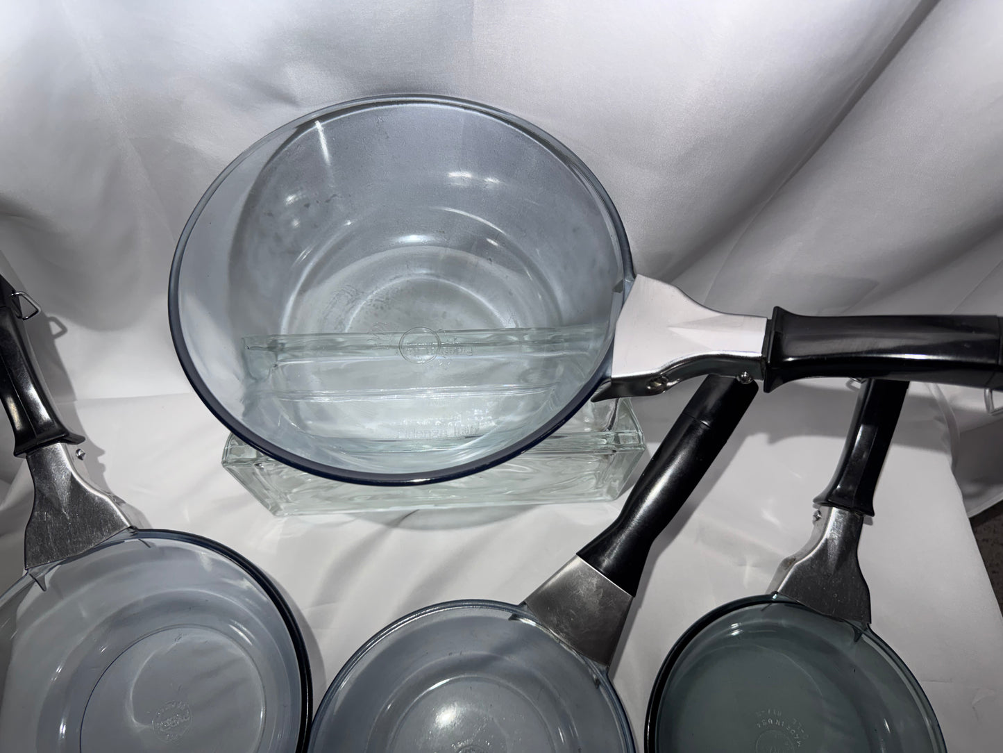 Vintage Pyrex Flameware Blue-Tinted Glass Saucepan Set – 817-B, 832-B, 833-B, 834