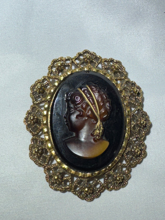 Vintage Cameo Brooch Pin – Tortoise-Colored Glass Portrait – Gold-Tone Filigree