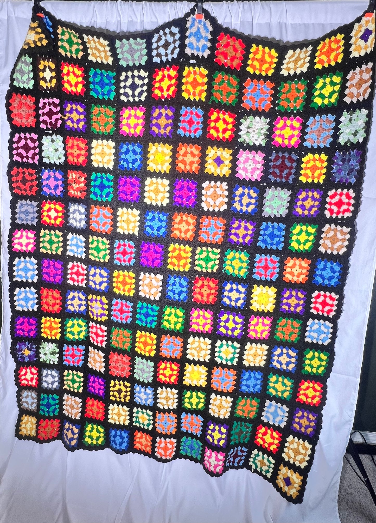 Large Afghan- vintage hand crochet blanket- Multi colored square pattern - 61” x 72”