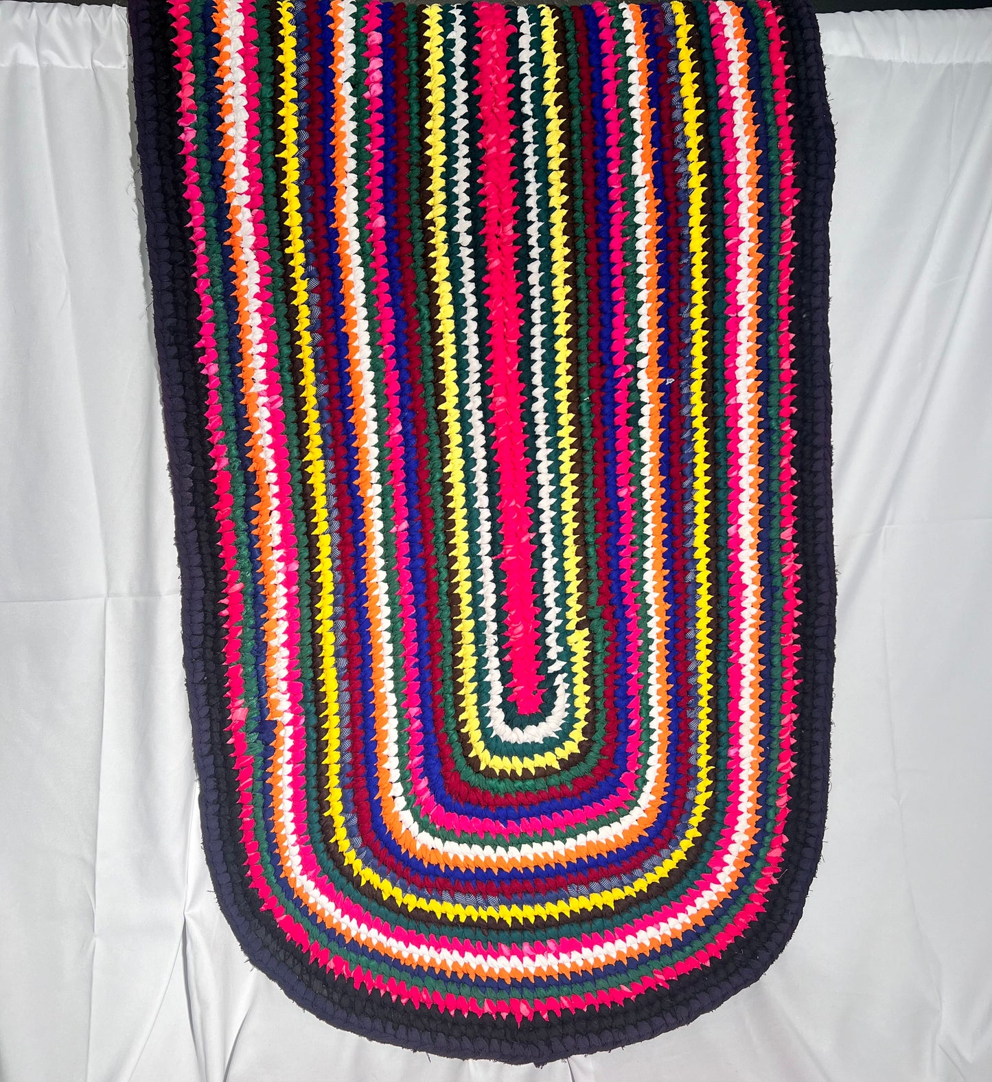 Vintage Handmade Braided Rug- 30” x 76” - Multicolor- floral back- oval area rug