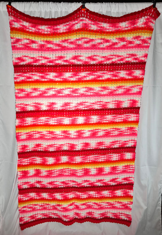 Afghan - 43” x 69” - Pink, white , orange and yellow- Hand Crochet blanket