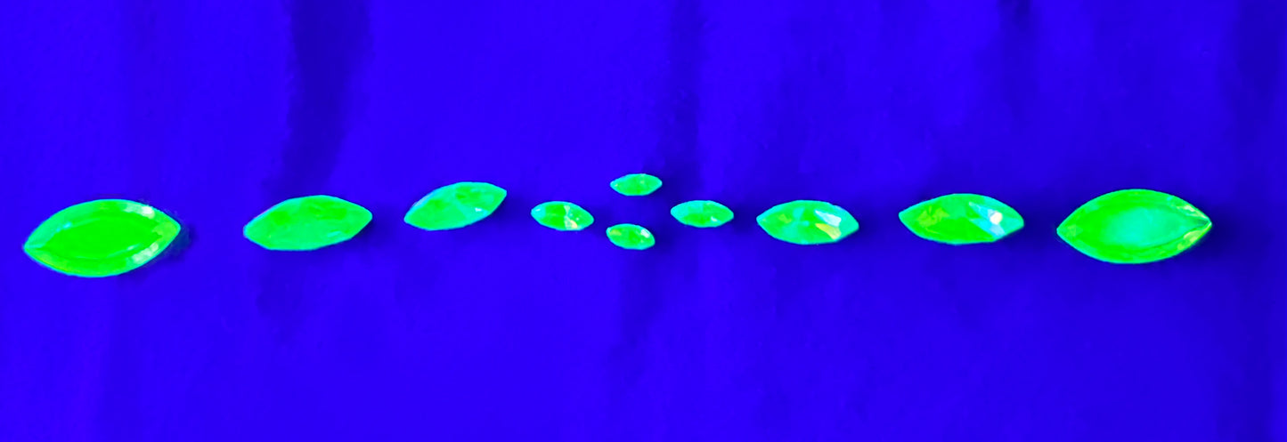 Uranium Gemstones - 10 pieces- Navette - green - some have foiled backs - each piece is unique and has its own characteristics some may have imperfections.