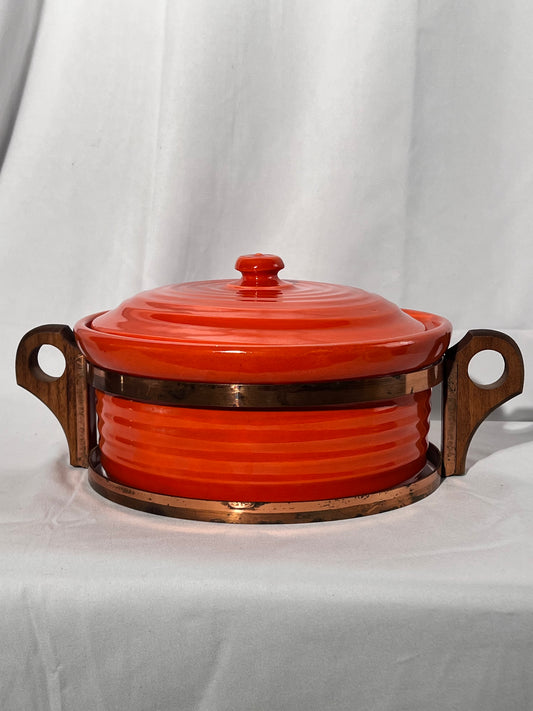 Bauer pottery- Los Angeles- 9 1/2” casserole - copper stand with wooden handles- Vintage - Orange