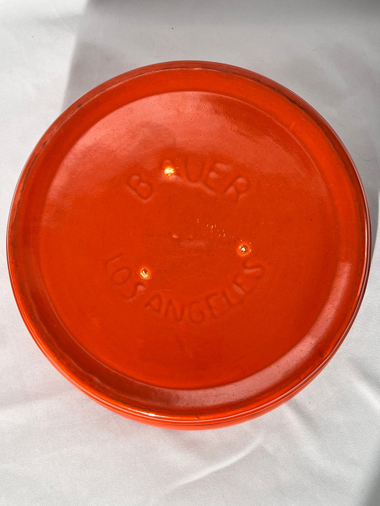 Bauer pottery- Los Angeles- 9 1/2” casserole - copper stand with wooden handles- Vintage - Orange