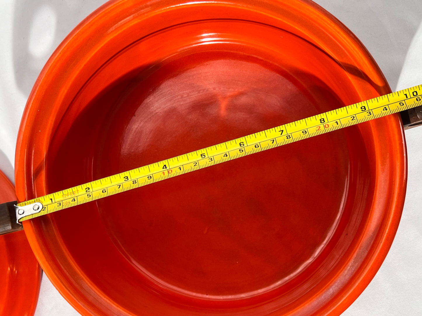 Bauer pottery- Los Angeles- 9 1/2” casserole - copper stand with wooden handles- Vintage - Orange