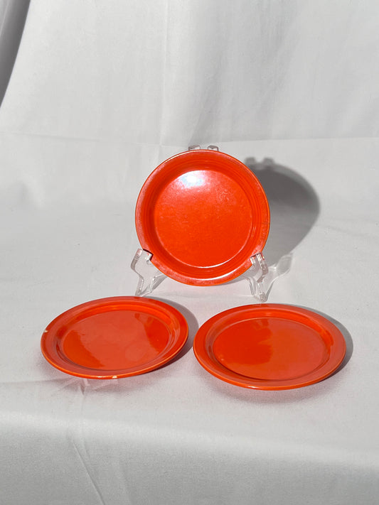 Bauer Pottery- vintage- orange- 4 1/2” saucers - set of 3 - Ring ware