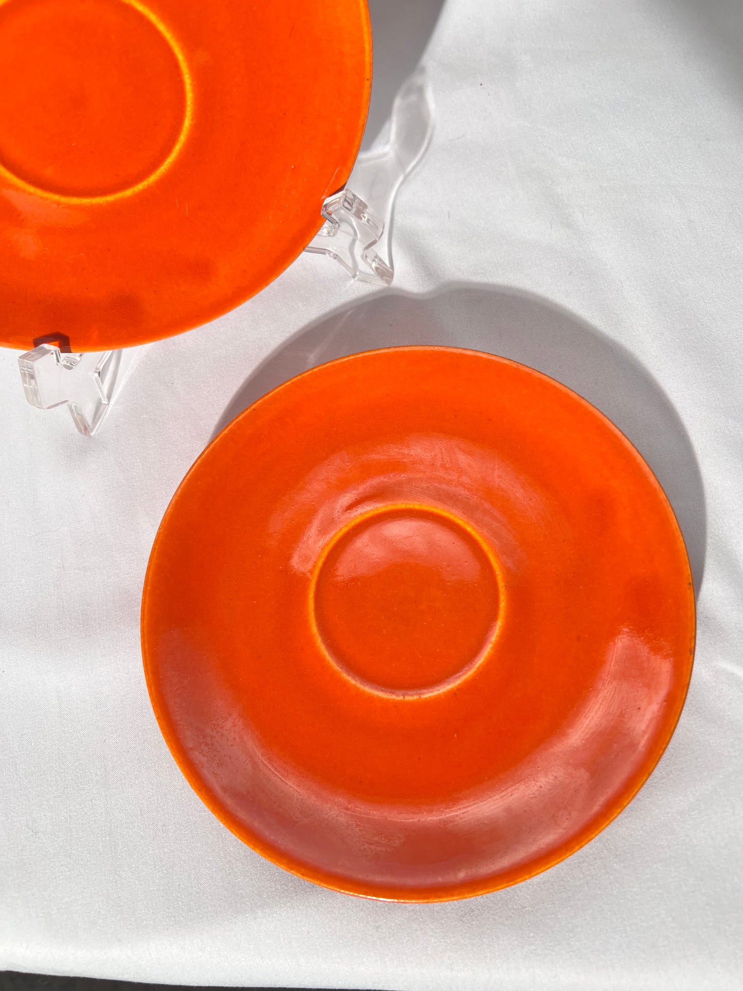 Bauer Pottery- vintage- orange- 6” tea cup plate - set of 2