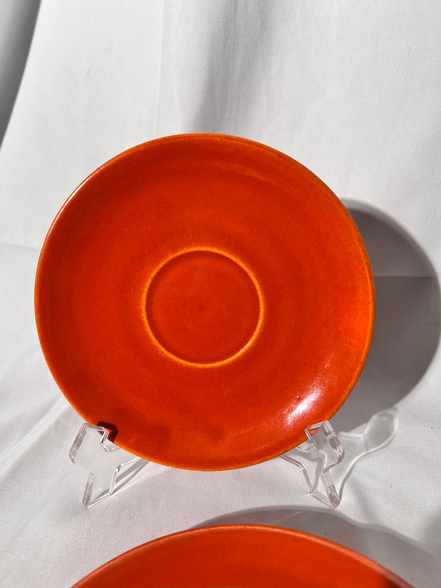 Bauer Pottery- vintage- orange- 6” tea cup plate - set of 2