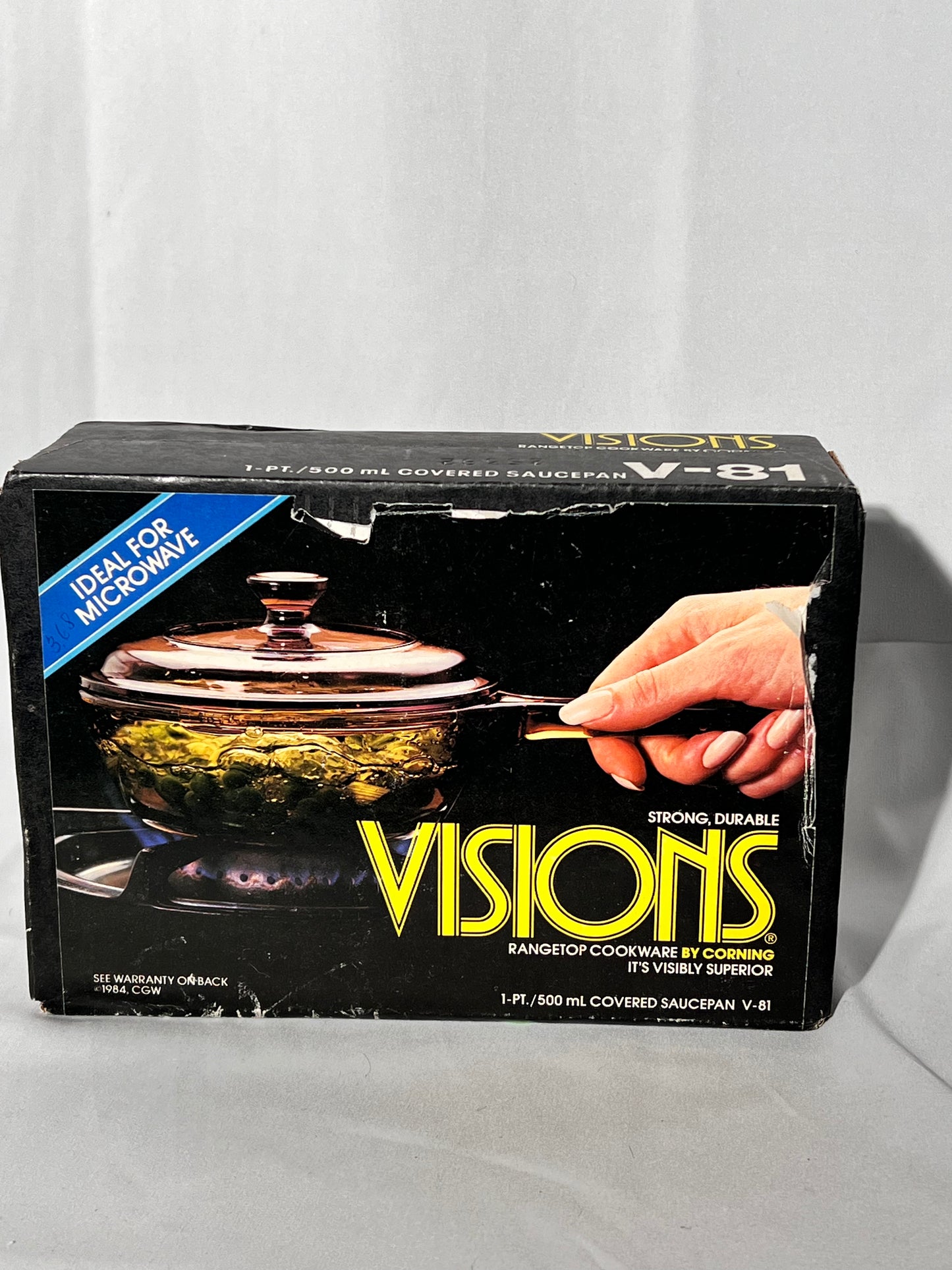 Visions Cookware - 1pt/500mL Covered Saucepan- v81 - 1984- unopened box- Corning - amber