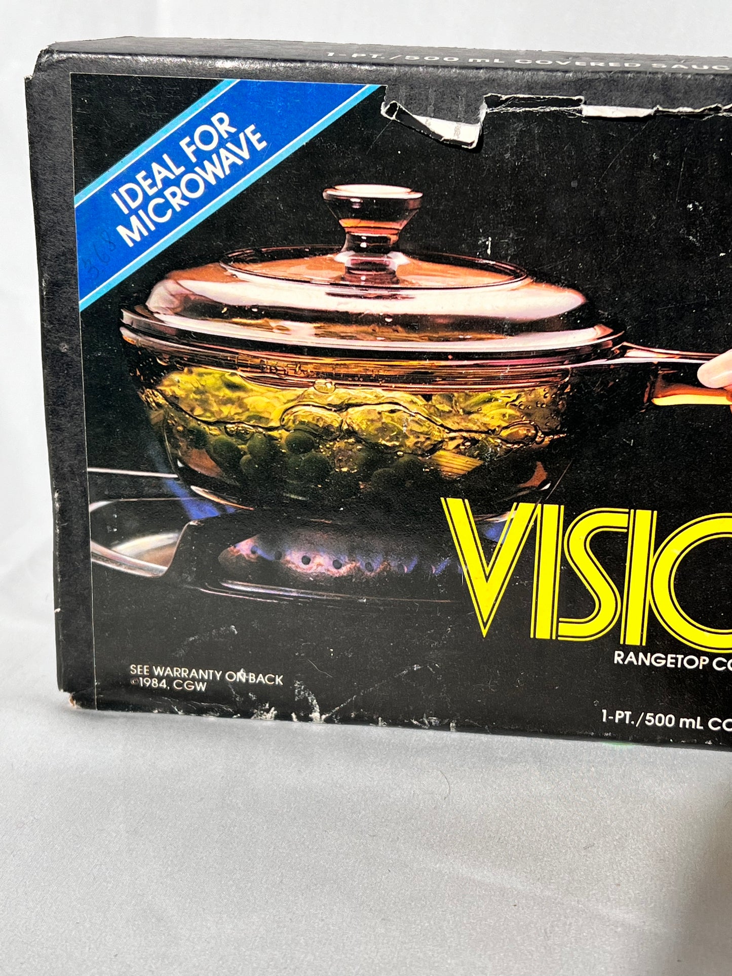 Visions Cookware - 1pt/500mL Covered Saucepan- v81 - 1984- unopened box- Corning - amber