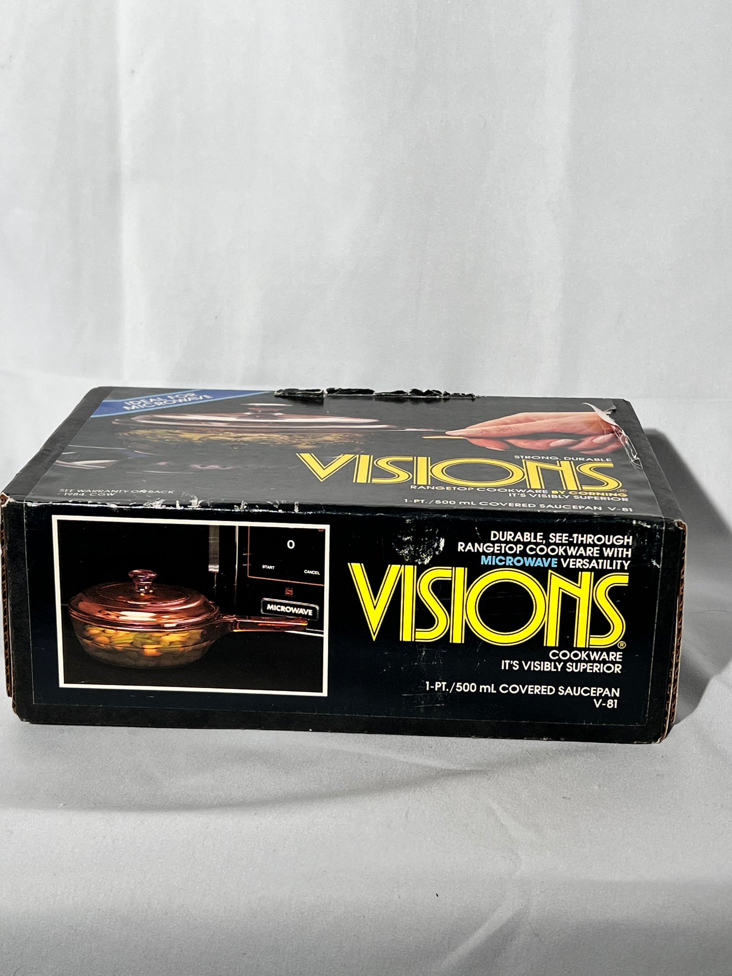 Visions Cookware - 1pt/500mL Covered Saucepan- v81 - 1984- unopened box- Corning - amber