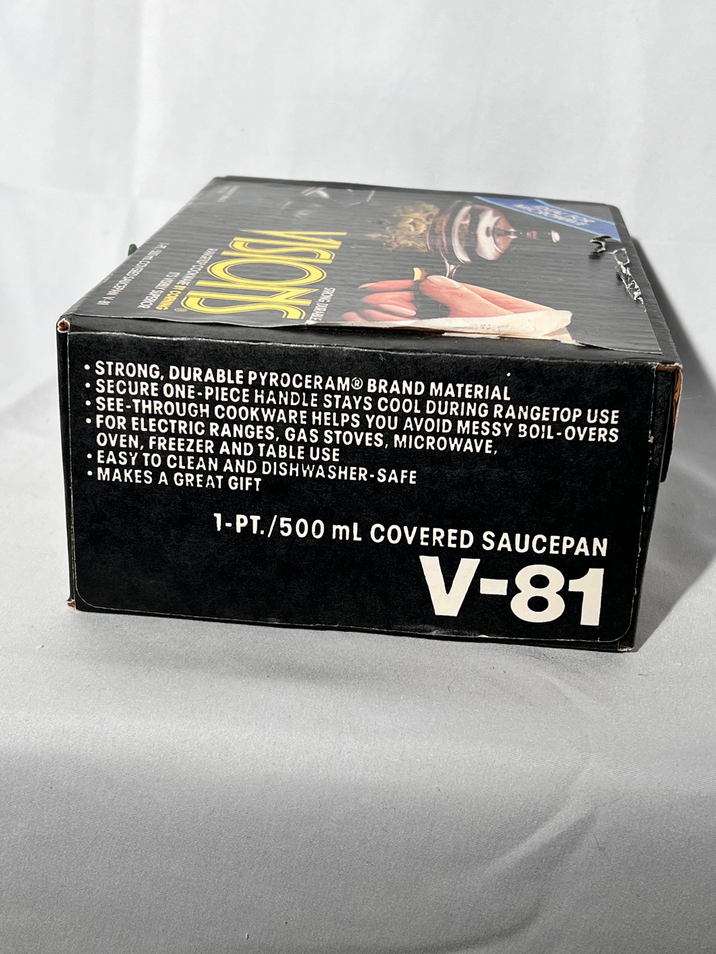 Visions Cookware - 1pt/500mL Covered Saucepan- v81 - 1984- unopened box- Corning - amber