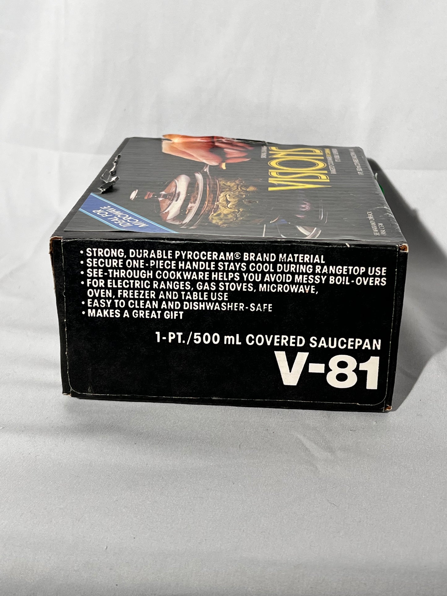 Visions Cookware - 1pt/500mL Covered Saucepan- v81 - 1984- unopened box- Corning - amber