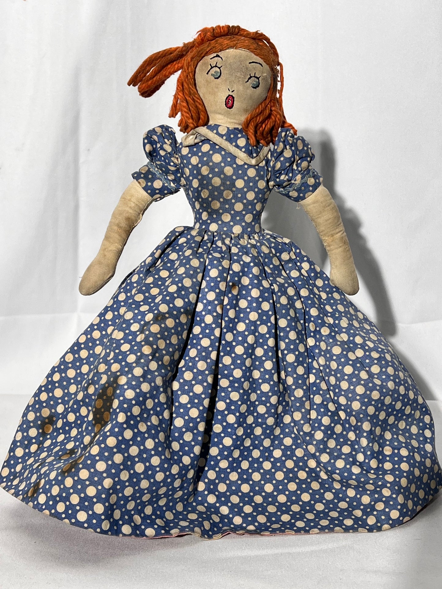 Antique Topsy turvy doll - 12” hand made - Africa American with pink dress flipped redhead in blue dress