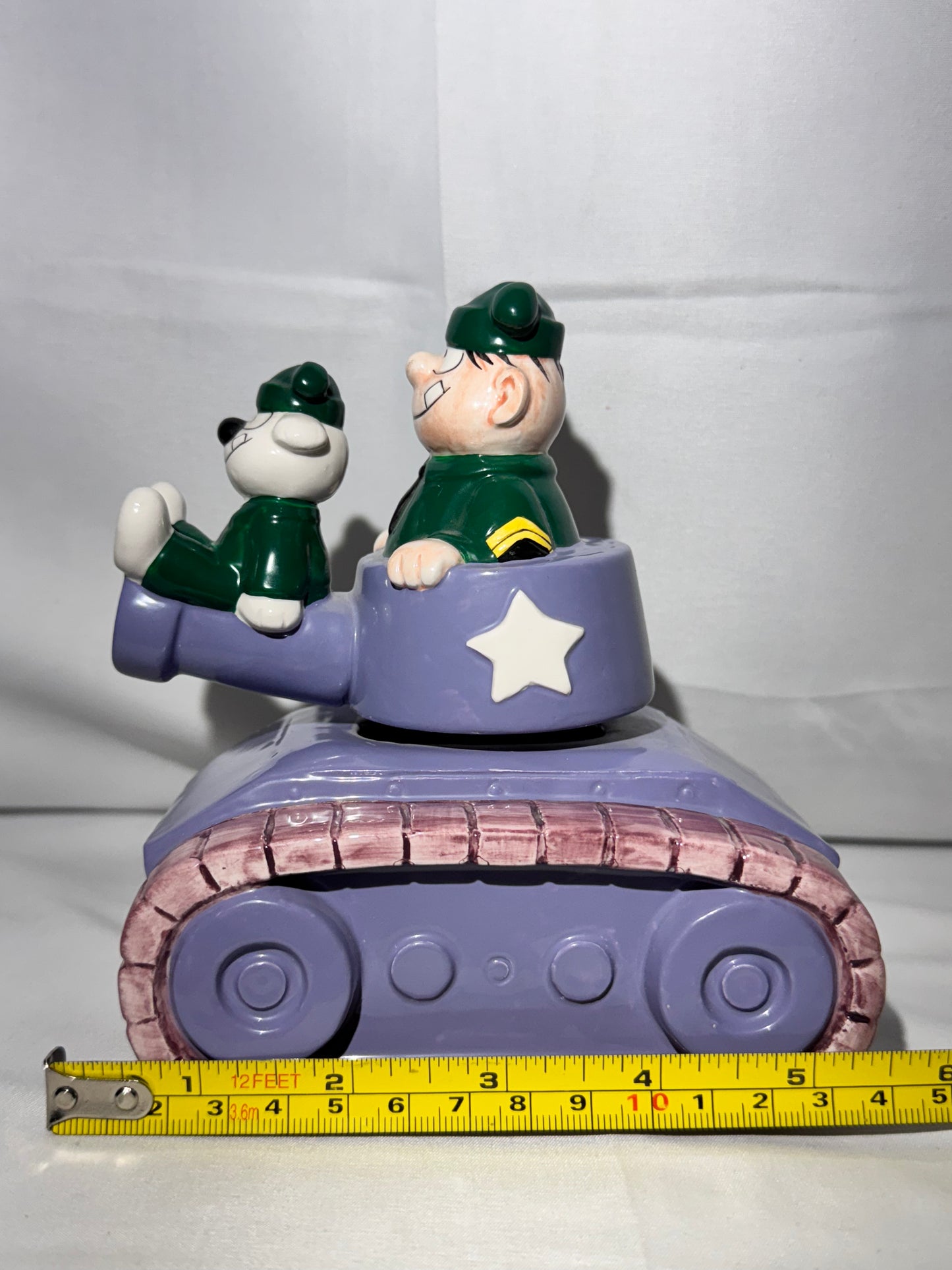 Beatle Bailey - ceramic music box-Sergeant Snorkel and his dog Otto ride in a tank - The Star Spangled Banner - Enesco - Comic -item number 686522