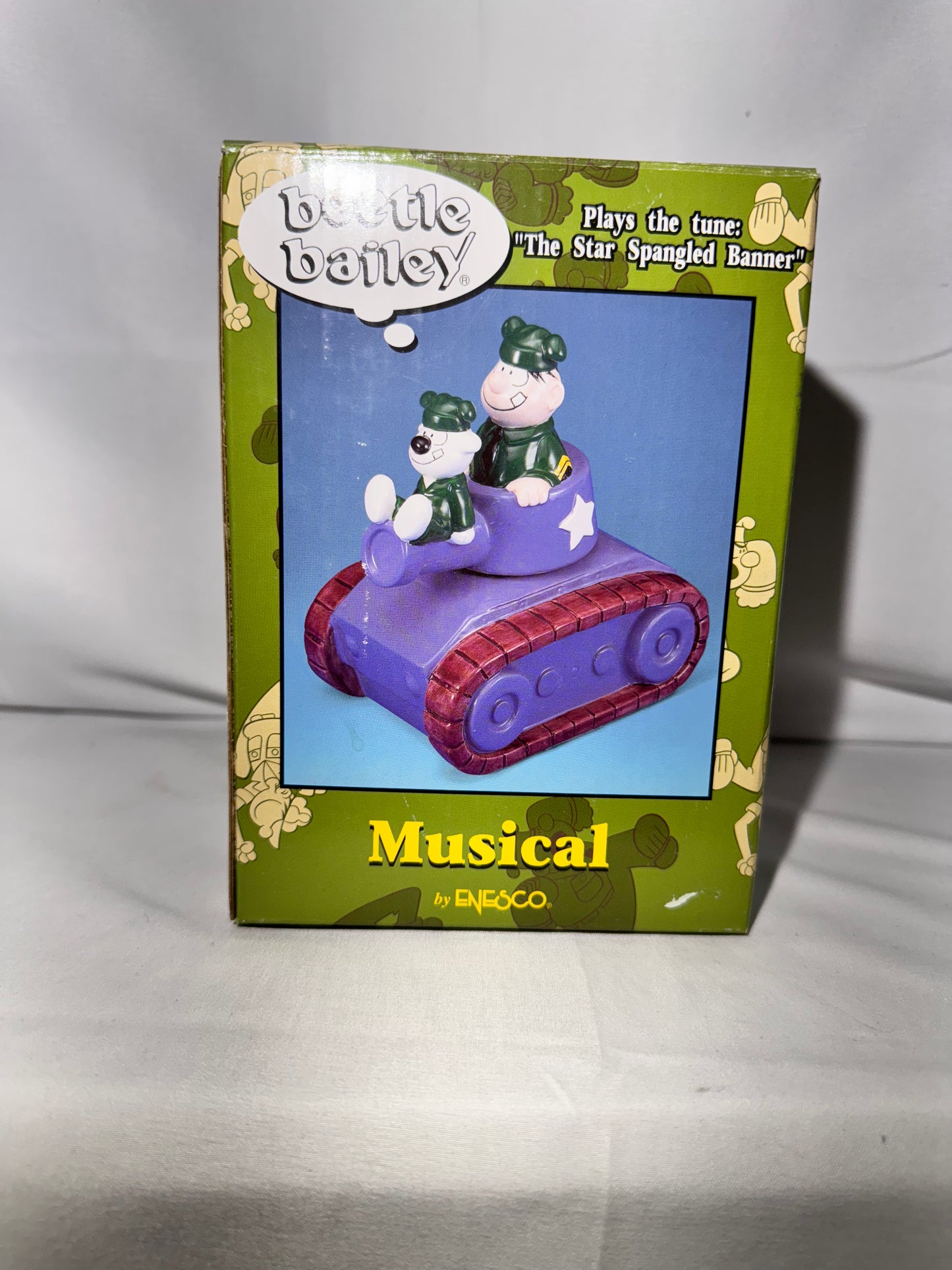 Beatle Bailey - ceramic music box-Sergeant Snorkel and his dog Otto ride in a tank - The Star Spangled Banner - Enesco - Comic -item number 686522