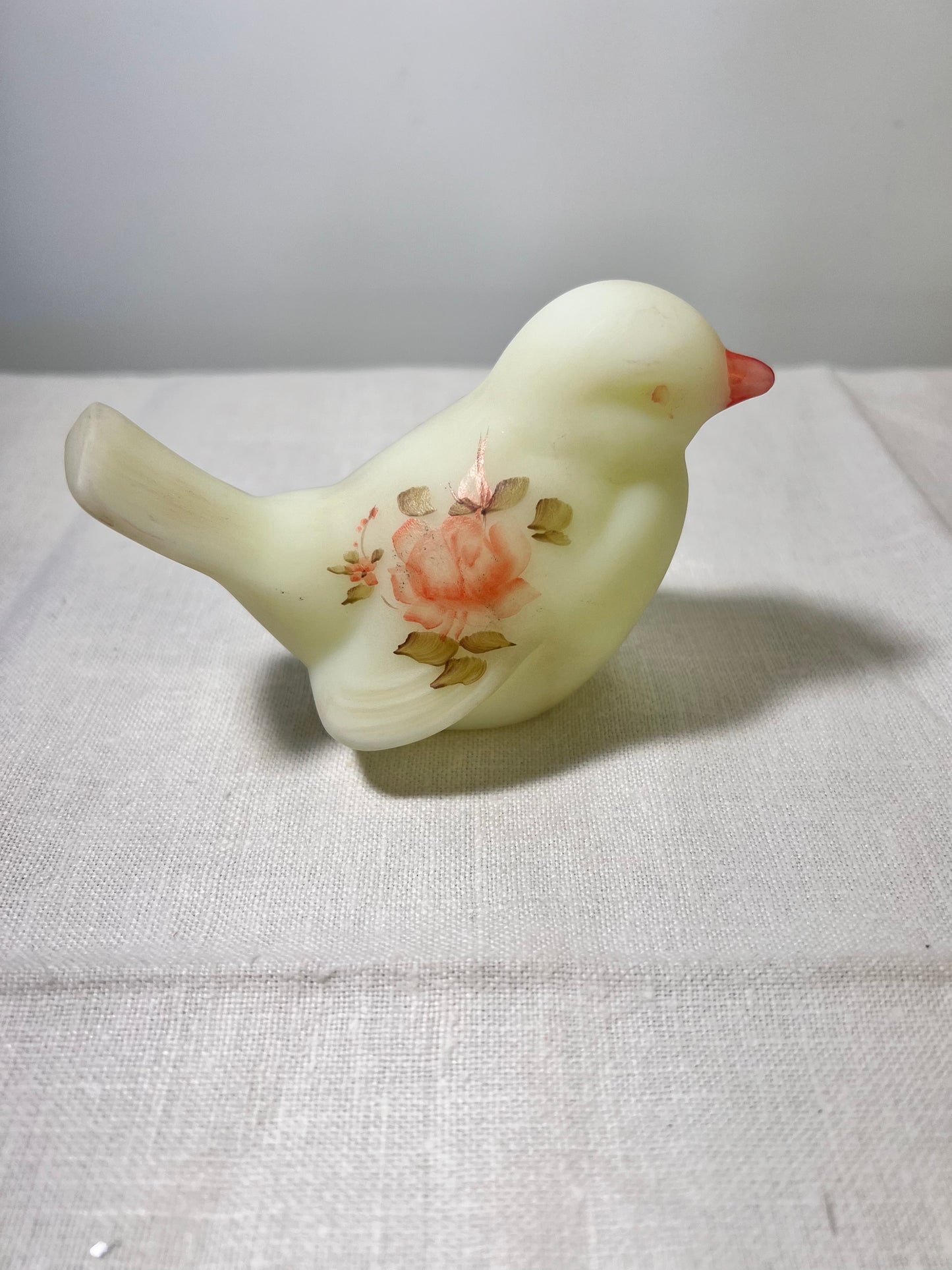 Uranium- Burmese Satin- Hand painted-Signed-Bird- Rose pattern