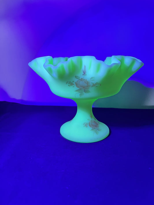 Uranium -Fenton -Burmese Satin- Hand-painted- Rose pattern- Pedestal Compote ￼