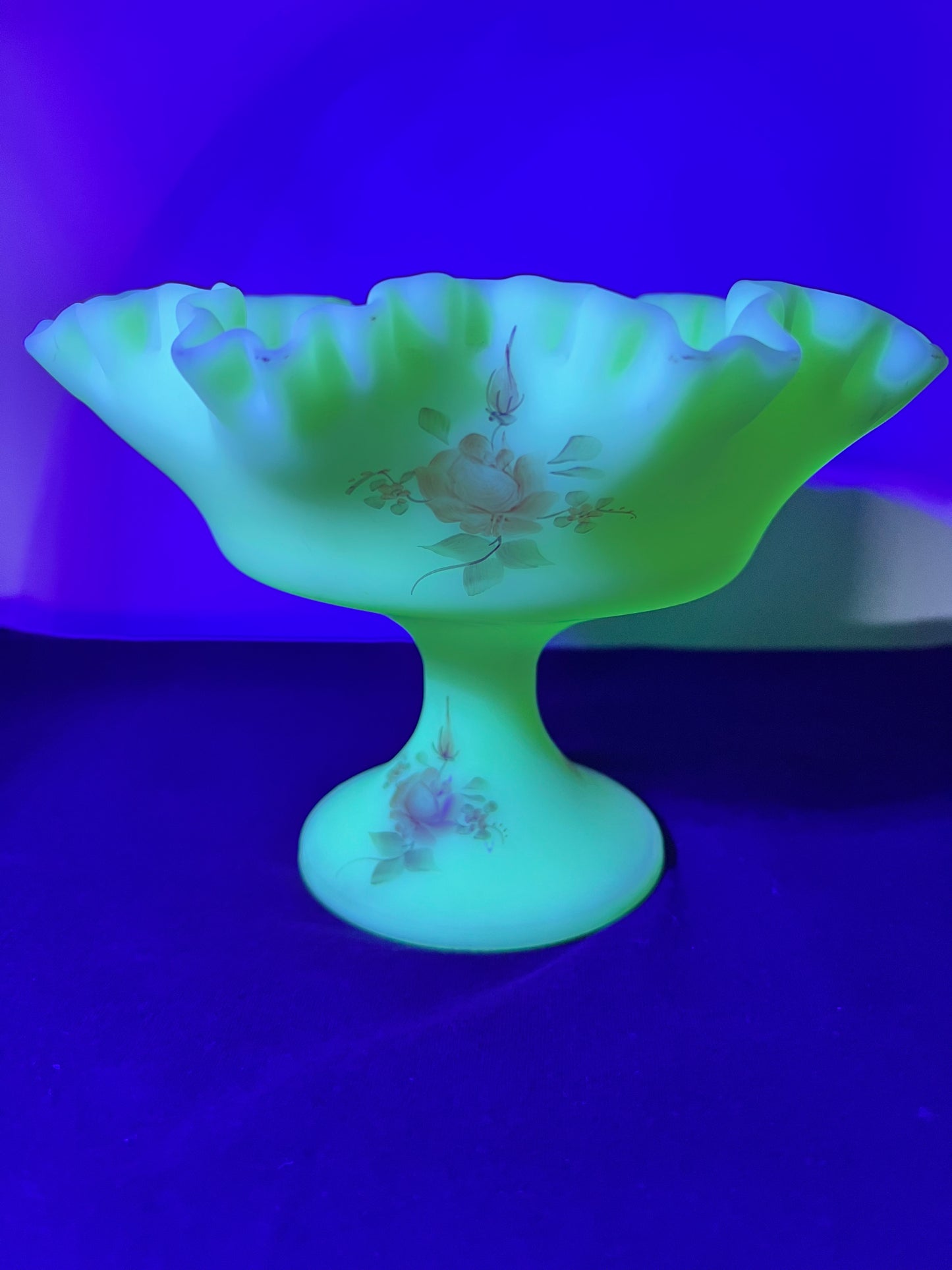 Uranium -Fenton -Burmese Satin- Hand-painted- Rose pattern- Pedestal Compote ￼