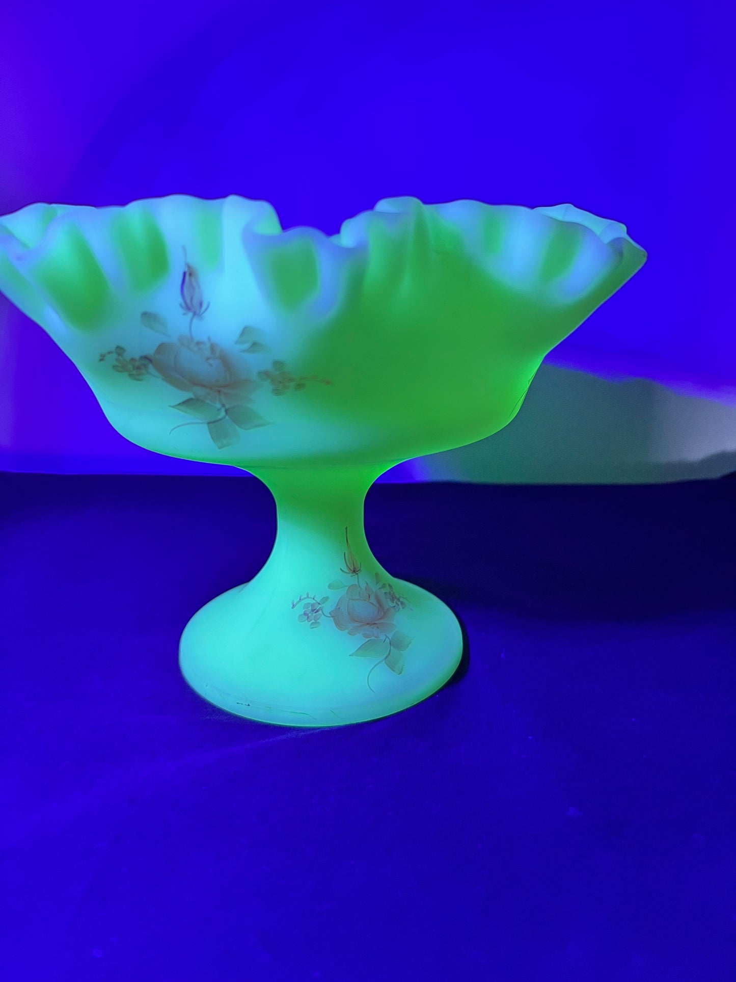 Uranium -Fenton -Burmese Satin- Hand-painted- Rose pattern- Pedestal Compote ￼