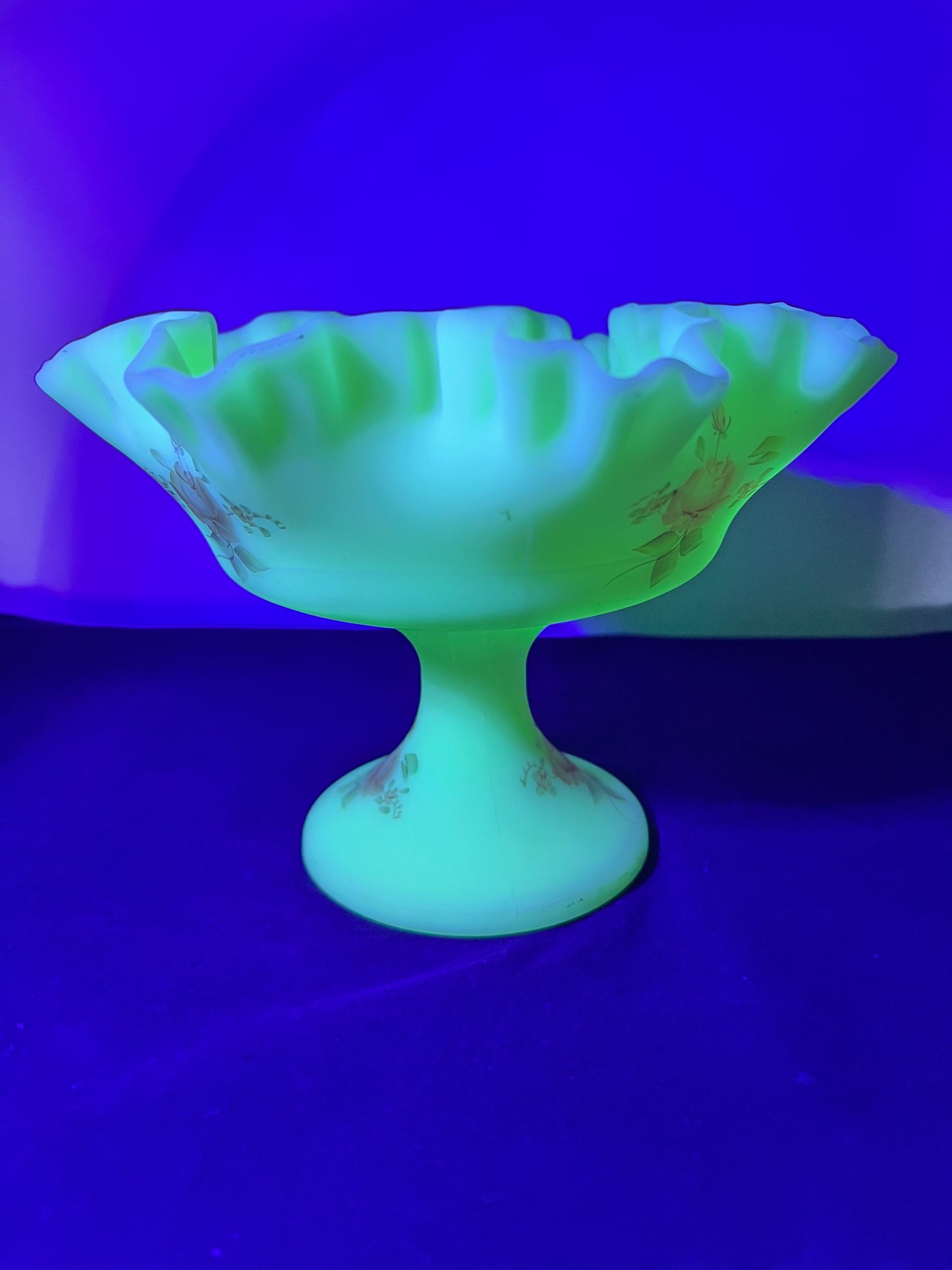 Uranium -Fenton -Burmese Satin- Hand-painted- Rose pattern- Pedestal Compote ￼