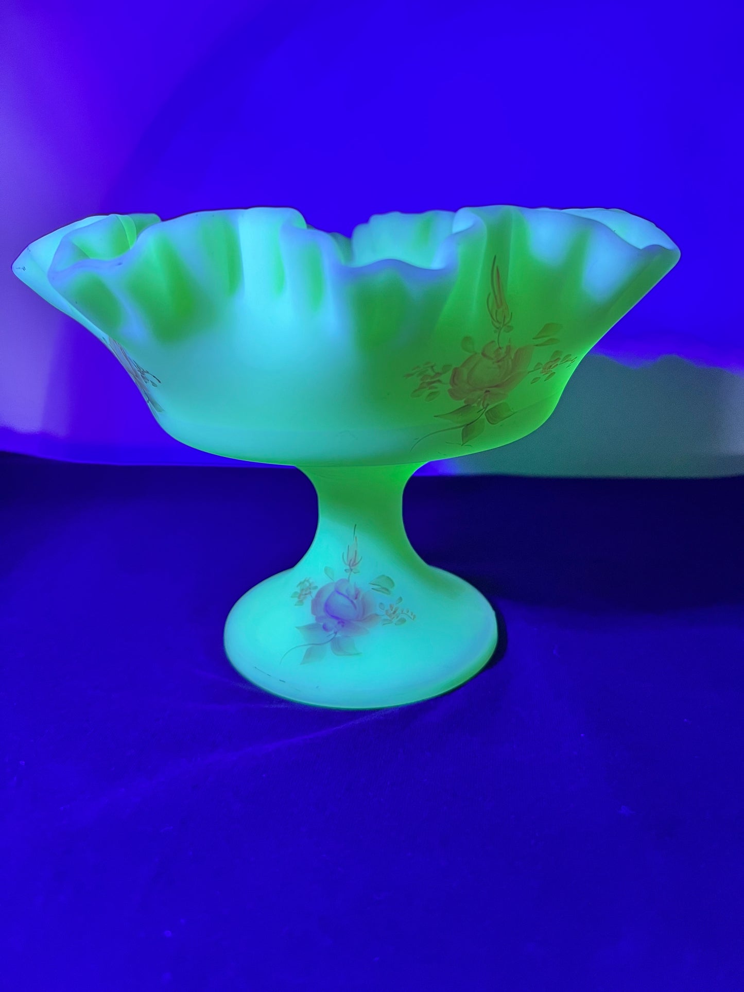 Uranium -Fenton -Burmese Satin- Hand-painted- Rose pattern- Pedestal Compote ￼