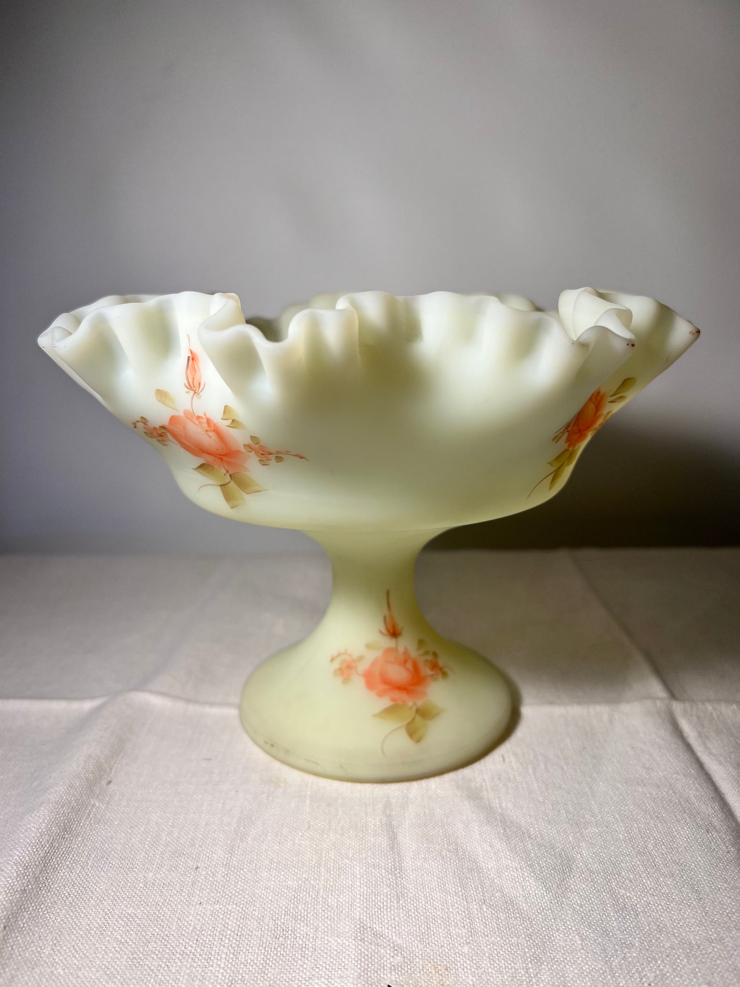 Uranium -Fenton -Burmese Satin- Hand-painted- Rose pattern- Pedestal Compote ￼