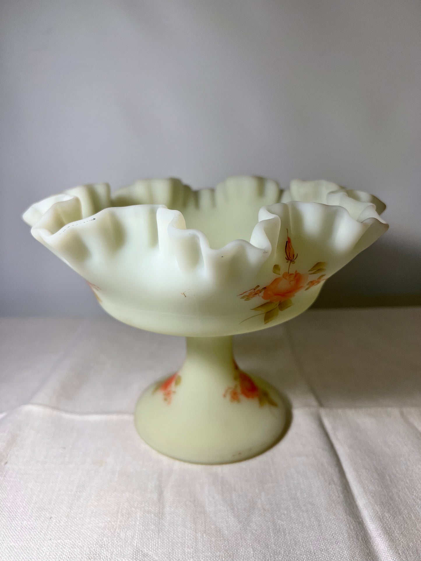 Uranium -Fenton -Burmese Satin- Hand-painted- Rose pattern- Pedestal Compote ￼