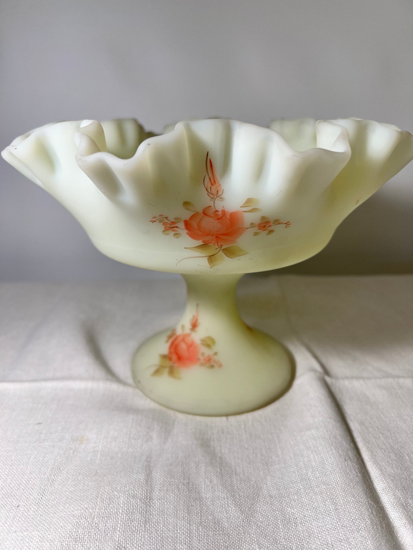 Uranium -Fenton -Burmese Satin- Hand-painted- Rose pattern- Pedestal Compote ￼