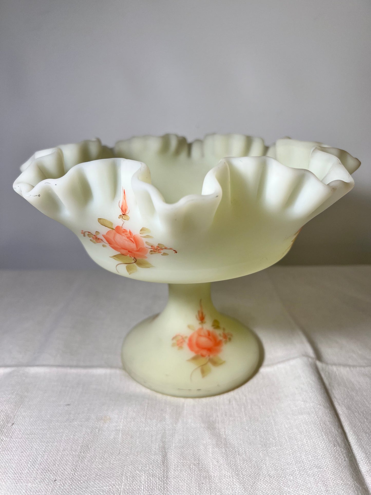 Uranium -Fenton -Burmese Satin- Hand-painted- Rose pattern- Pedestal Compote ￼