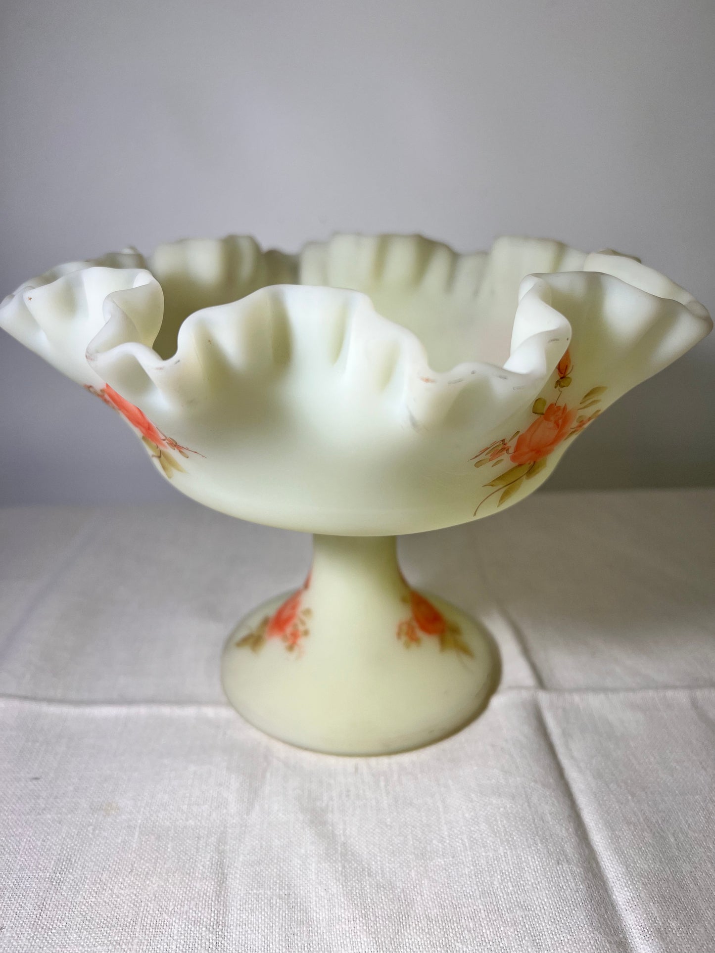 Uranium -Fenton -Burmese Satin- Hand-painted- Rose pattern- Pedestal Compote ￼